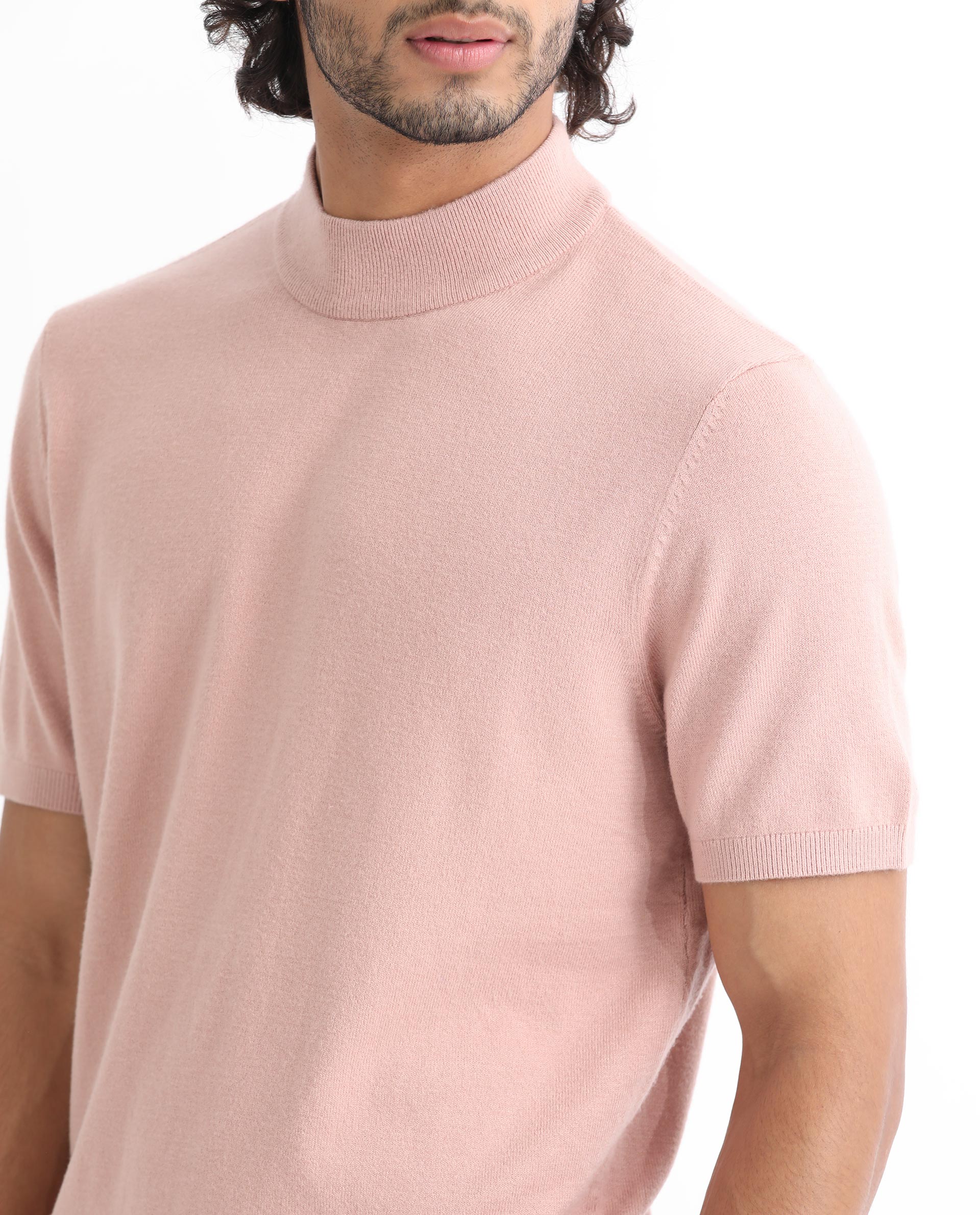 Rare Rabbit Men's Alfet Peach Half Sleeves High Neck Knitted T-Shirt