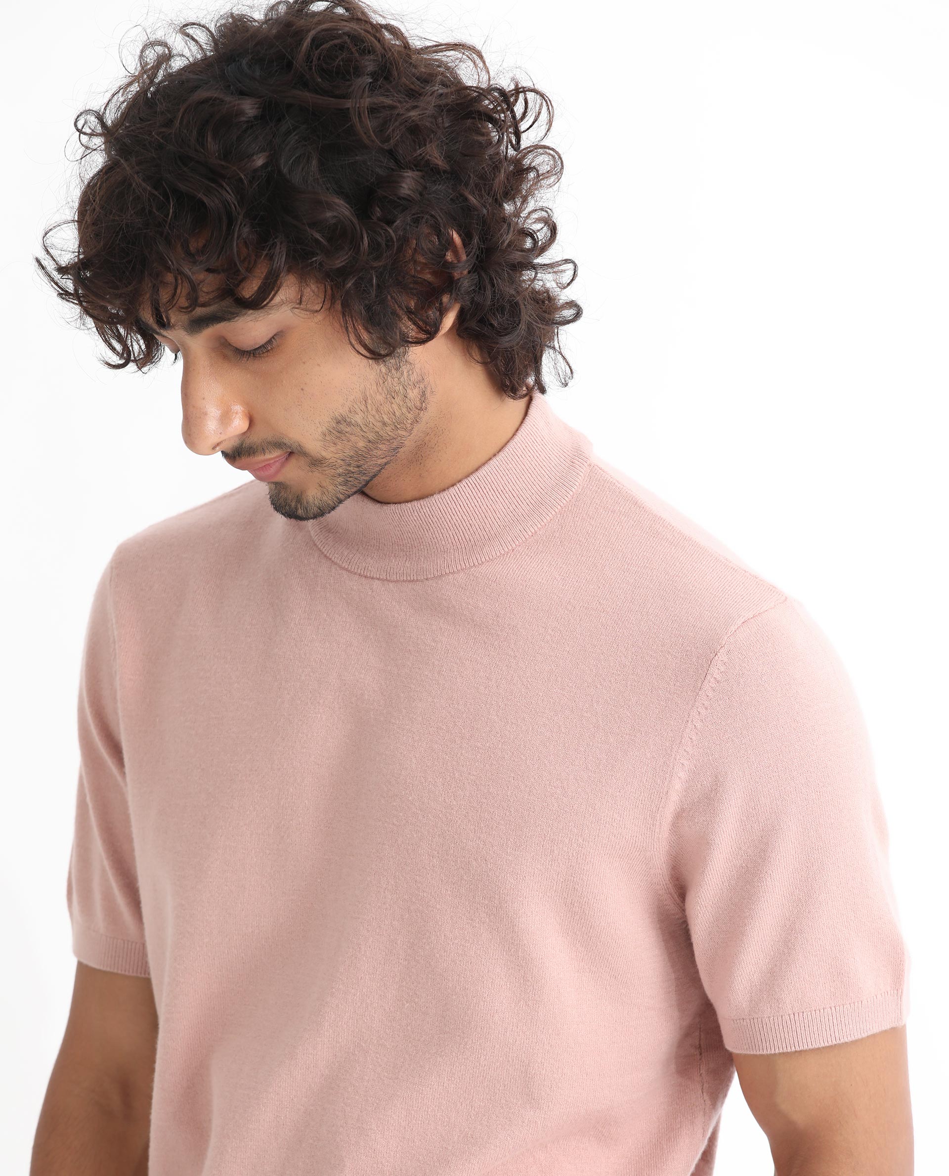 Rare Rabbit Men's Alfet Peach Half Sleeves High Neck Knitted T-Shirt
