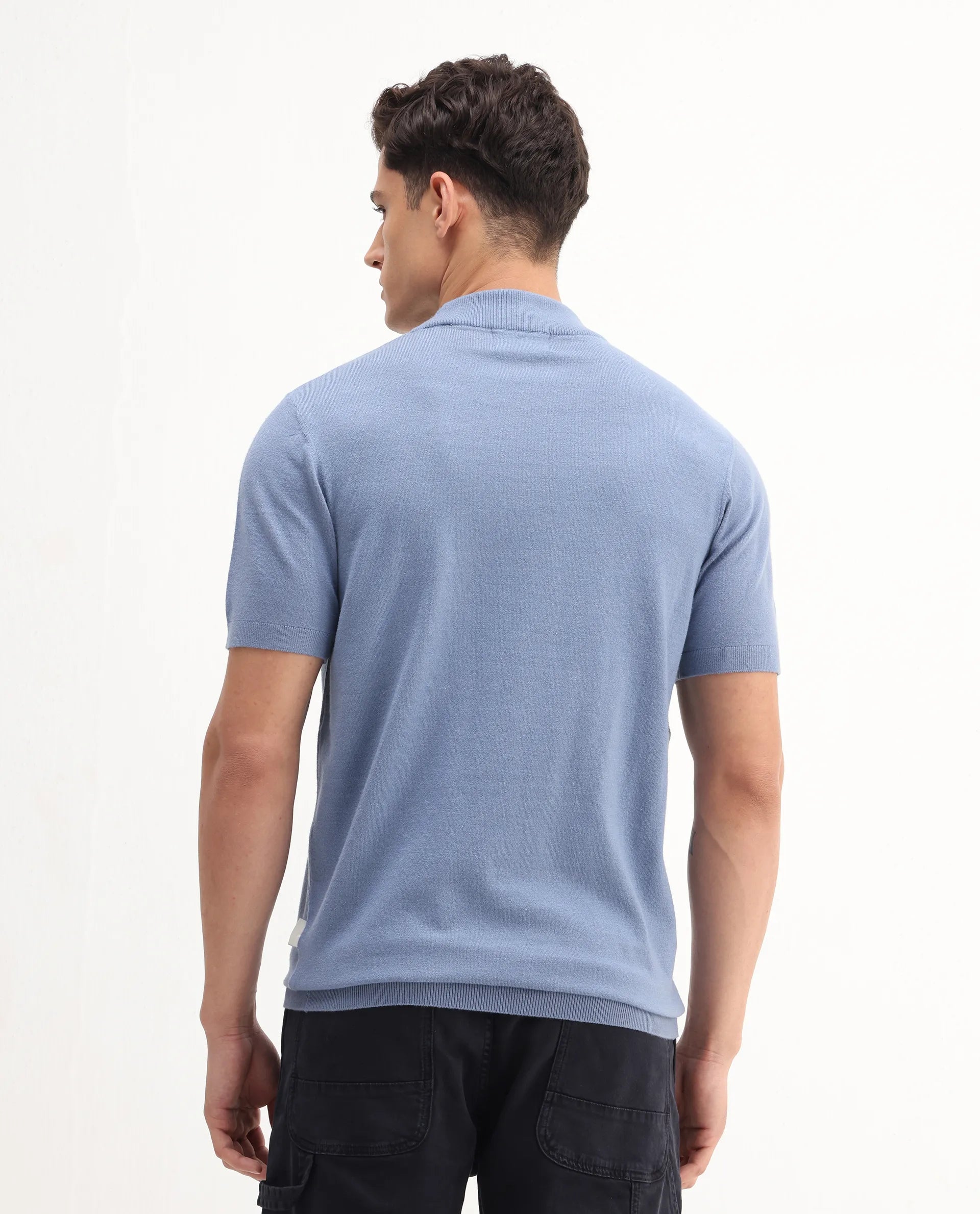 Rare Rabbit Men's Alfet-25 Dusky Blue Viscose Plain Regular Fit Half Sleeve High Neck T-Shirt