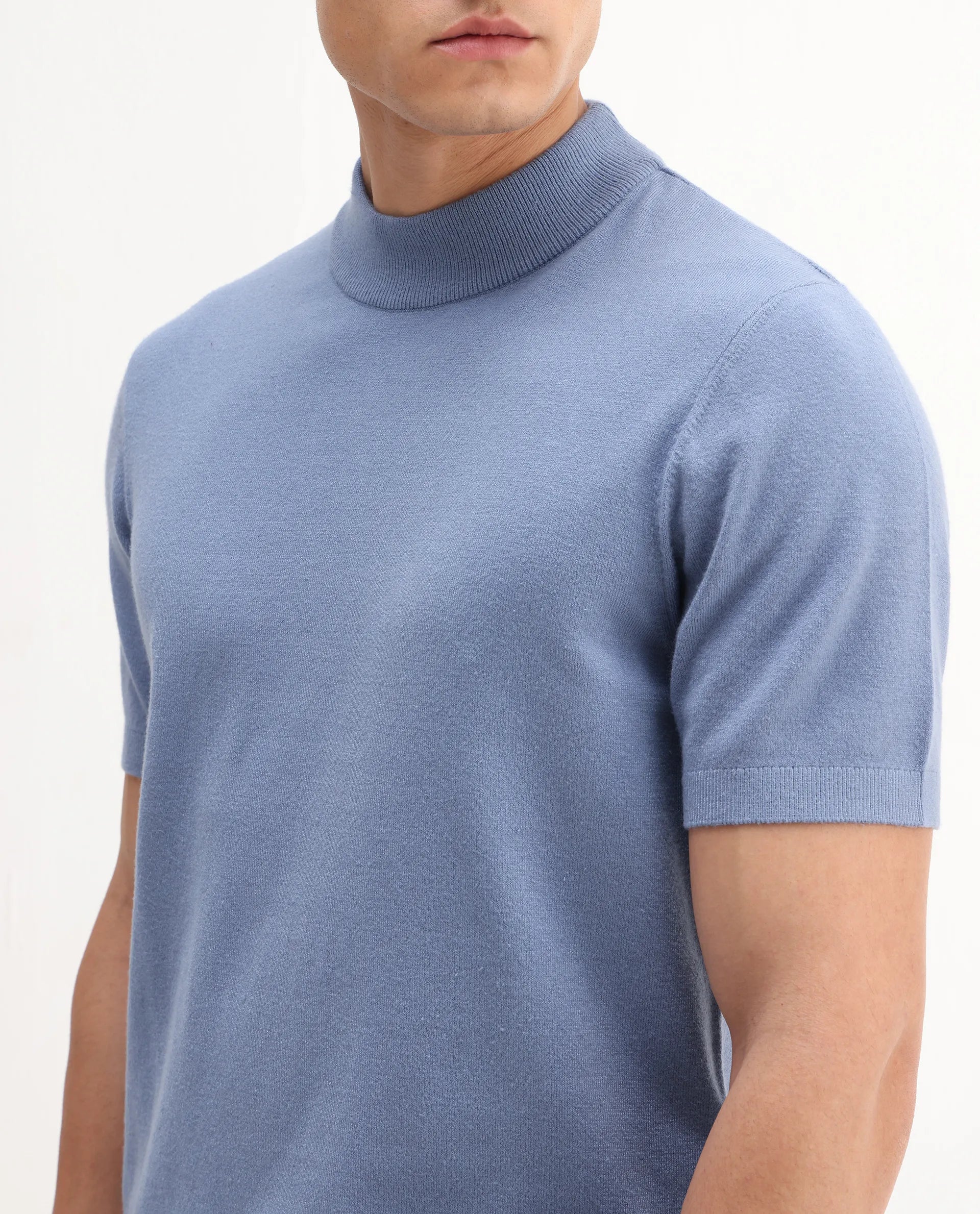 Rare Rabbit Men's Alfet-25 Dusky Blue Viscose Plain Regular Fit Half Sleeve High Neck T-Shirt