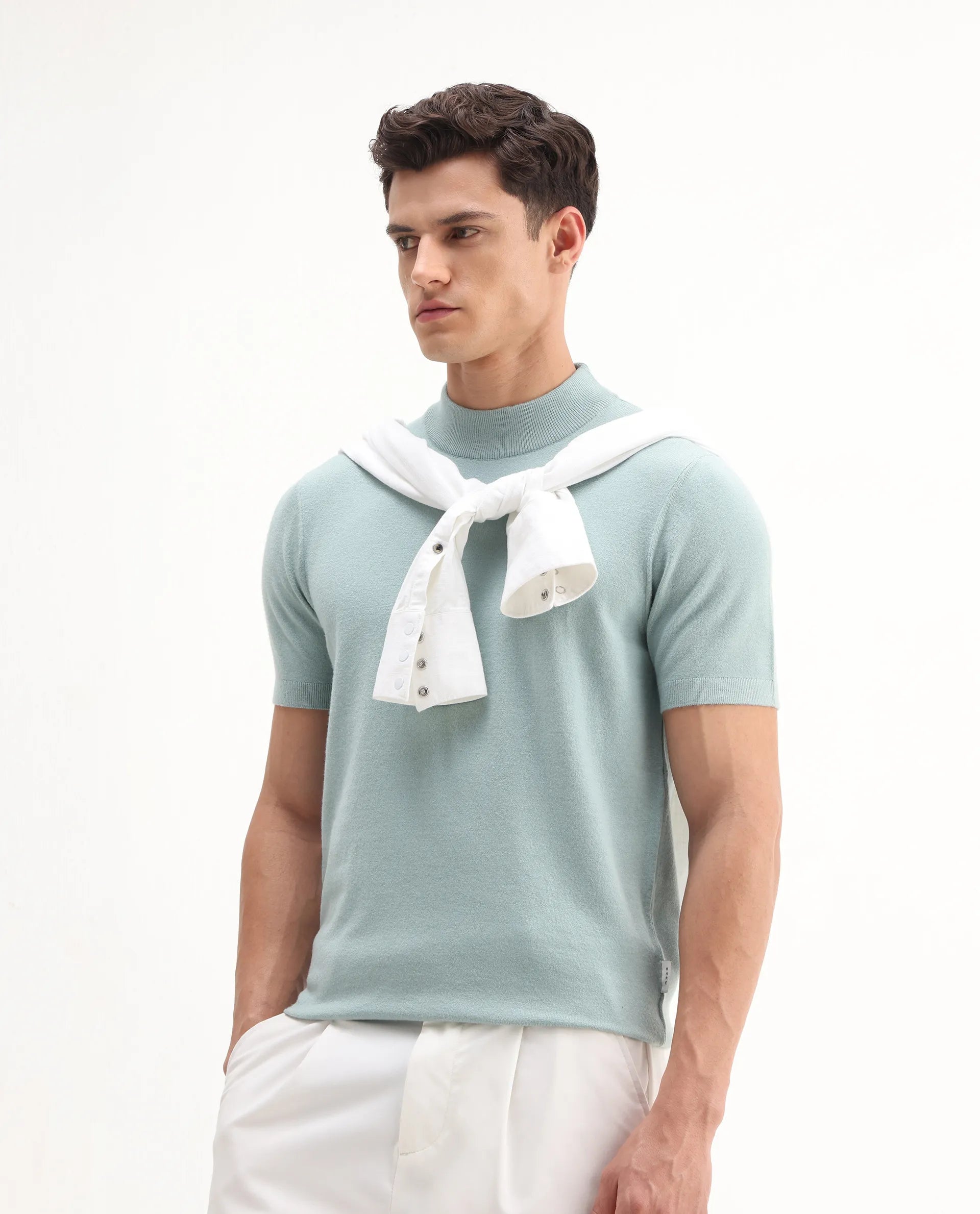 Rare Rabbit Men's Alfet-25 Dusky Green Viscose Plain Regular Fit Half Sleeve High Neck T-Shirt