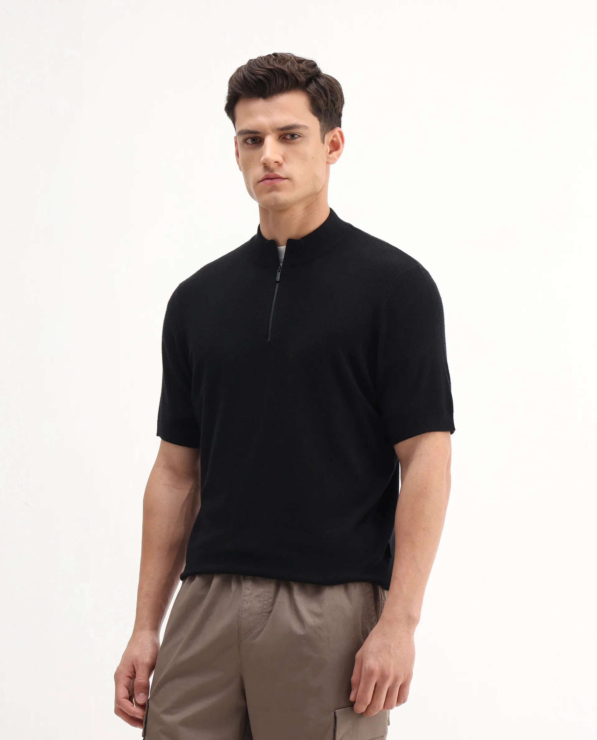 Rare Rabbit Men's Alfeto-25 Black Viscose Plain Regular Fit Half Sleeve High Neck T-Shirt