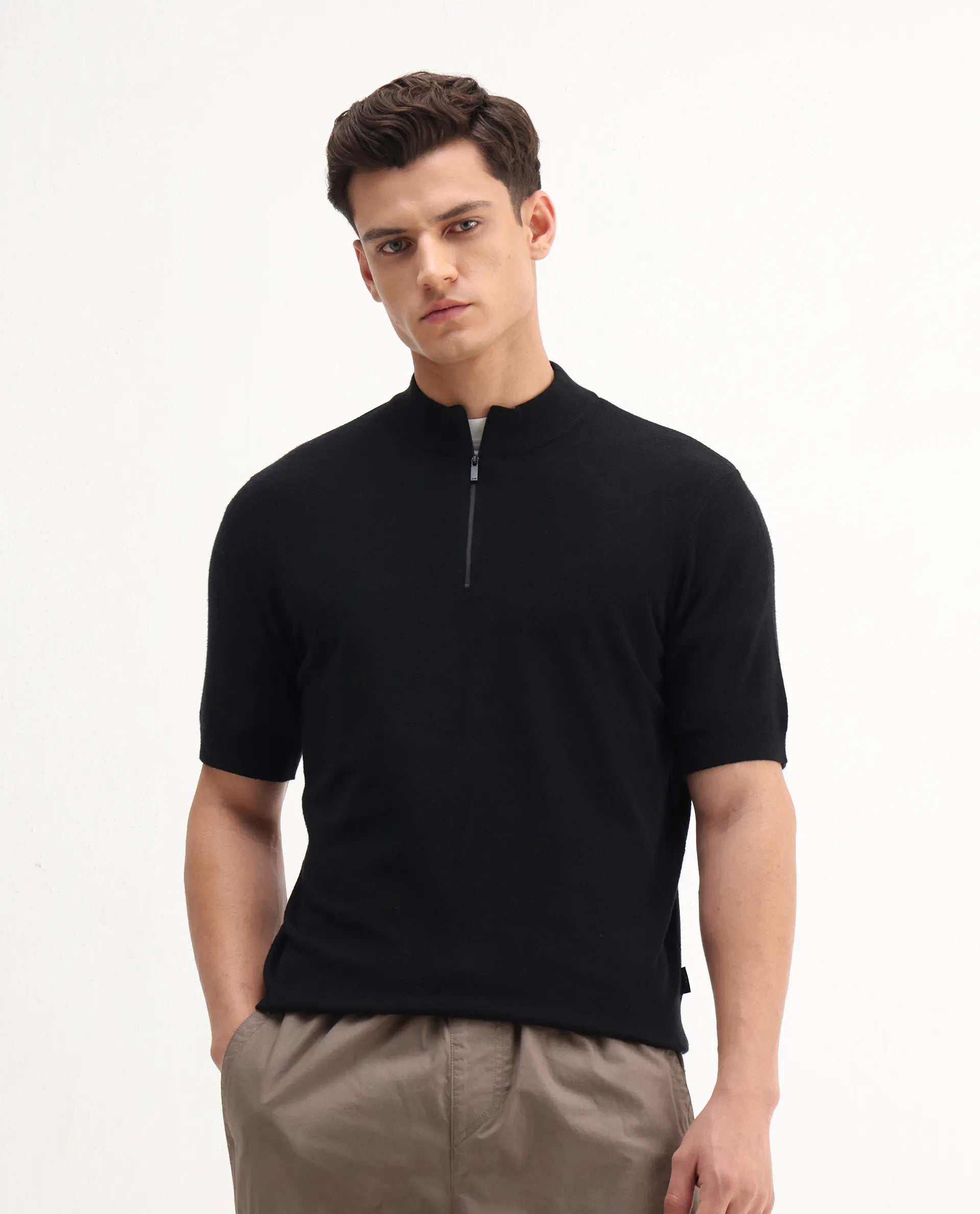 Rare Rabbit Men's Alfeto-25 Black Viscose Plain Regular Fit Half Sleeve High Neck T-Shirt