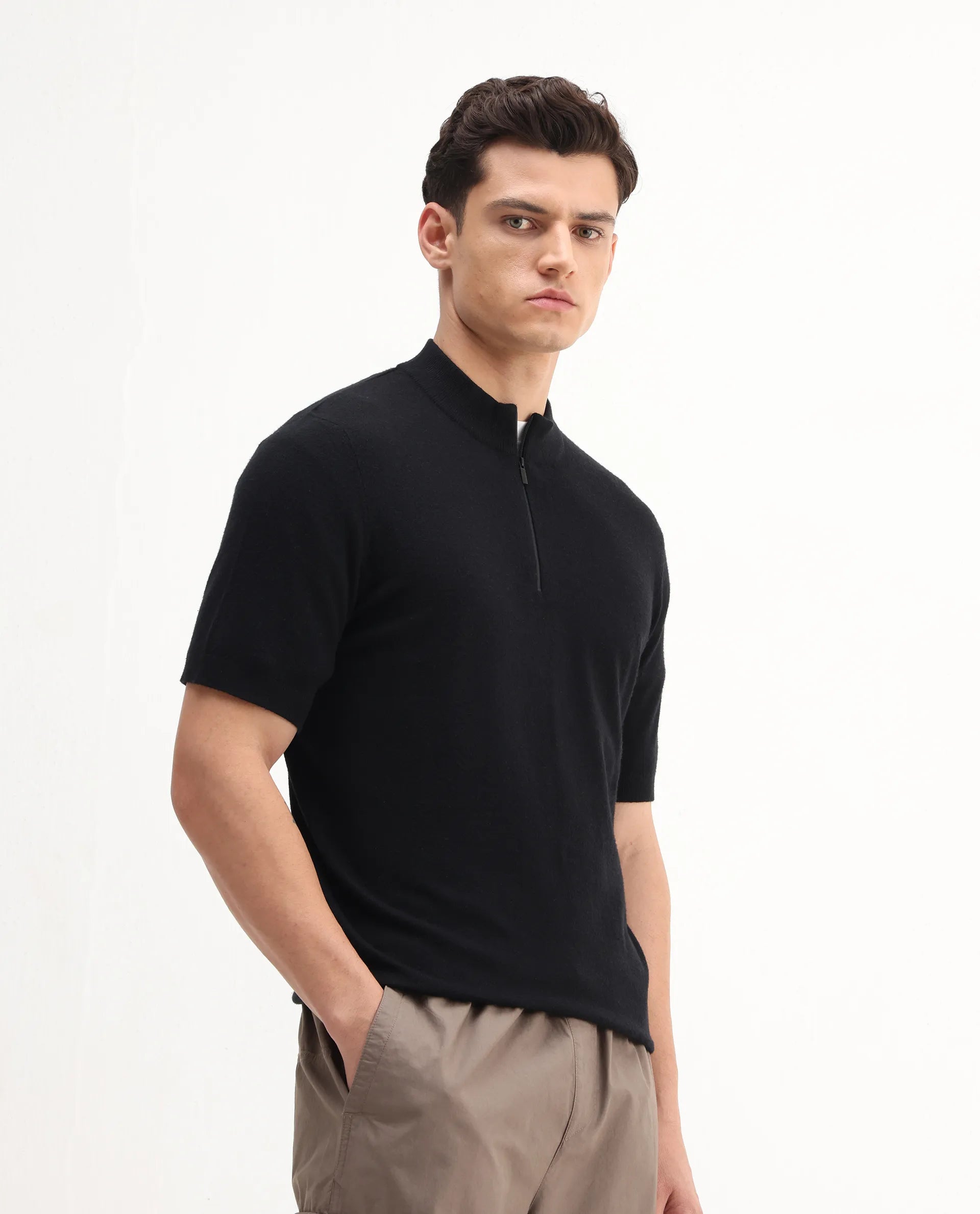 Rare Rabbit Men's Alfeto-25 Black Viscose Plain Regular Fit Half Sleeve High Neck T-Shirt