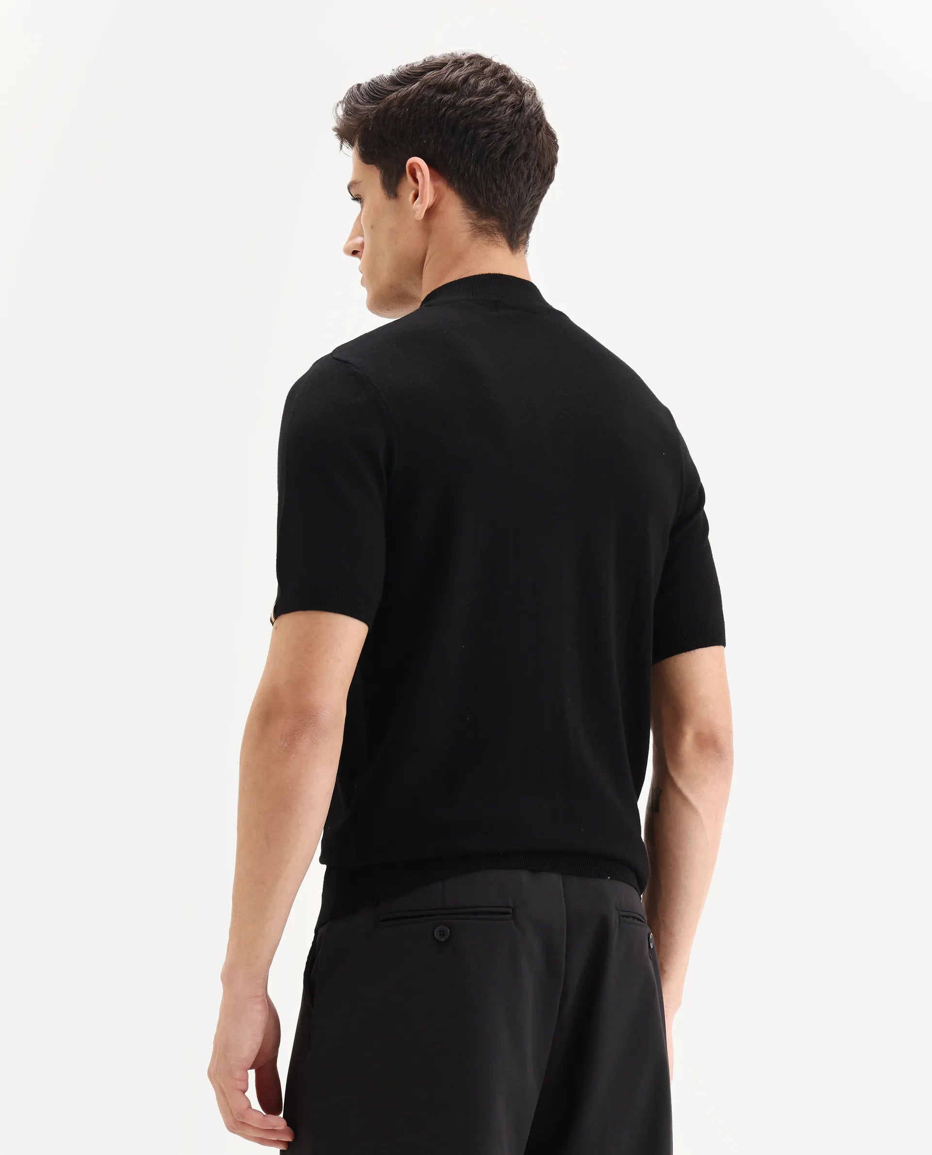 Rare Rabbit Men's Alfeto Black Viscose Plain Regular Fit Half Sleeve Polo