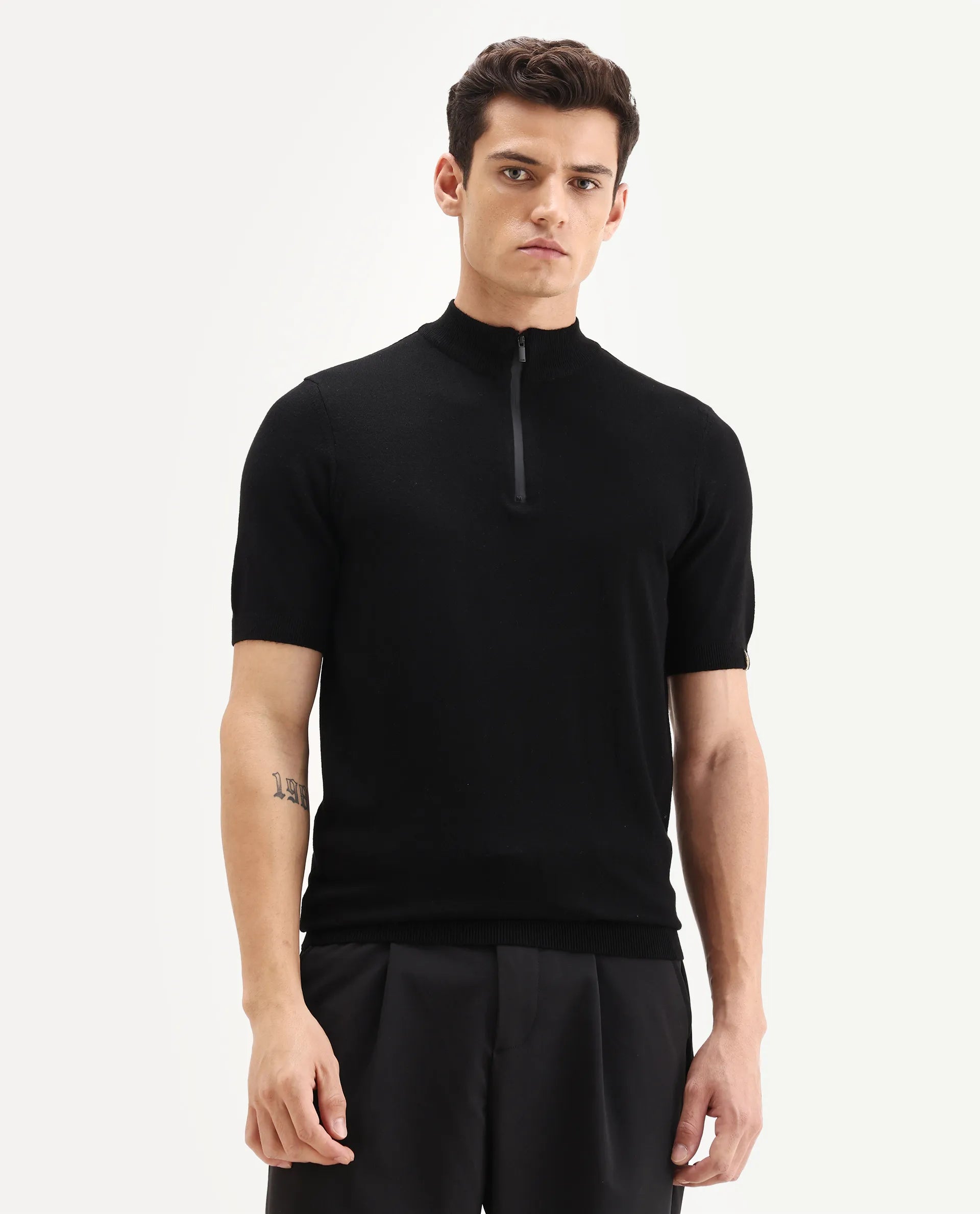 Rare Rabbit Men's Alfeto Black Viscose Plain Regular Fit Half Sleeve Polo