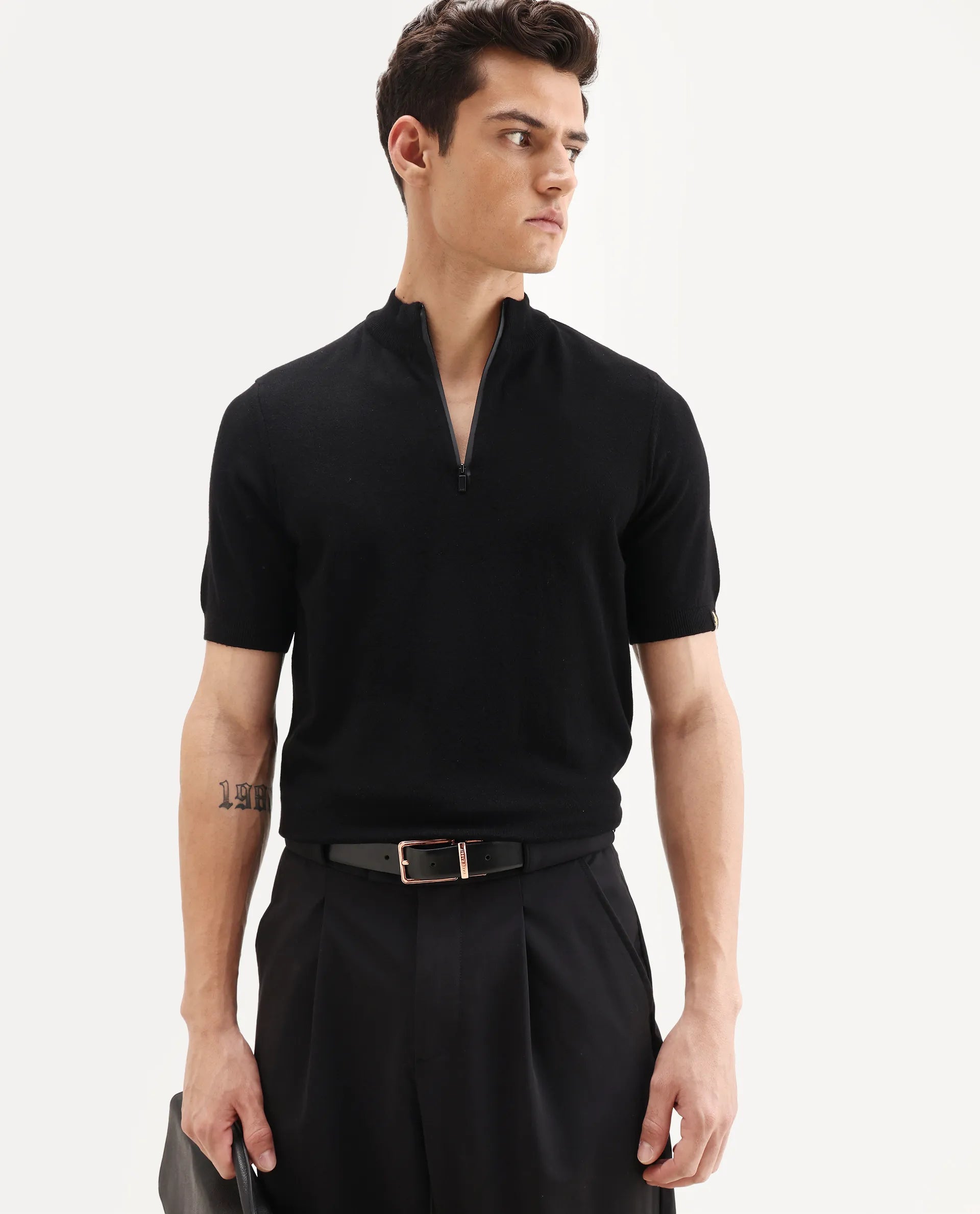 Rare Rabbit Men's Alfeto Black Viscose Plain Regular Fit Half Sleeve Polo
