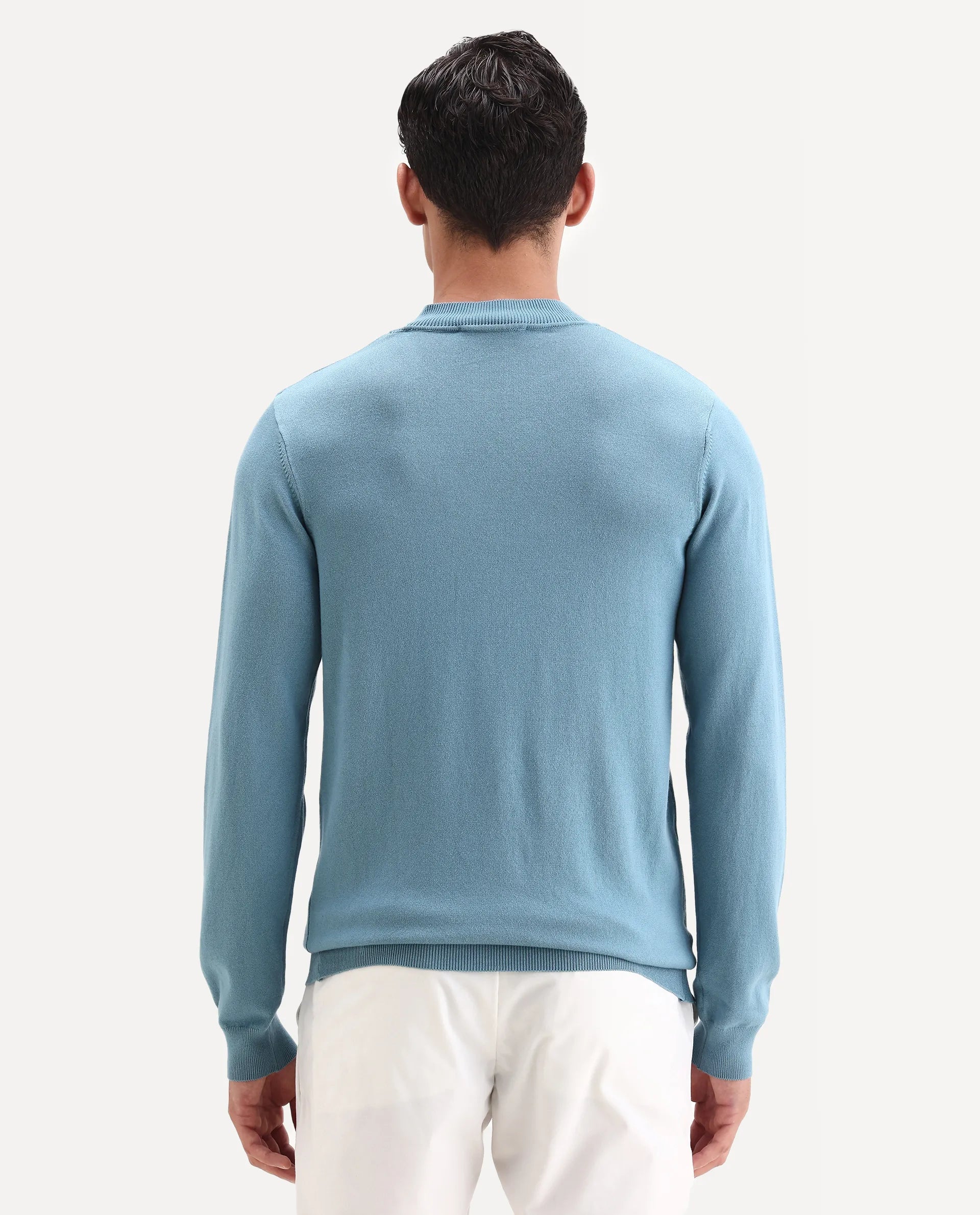 Rare Rabbit Men's Alfo 1 Light Blue Viscose Plain Slim Fit Full Sleeve High Neck Sweater
