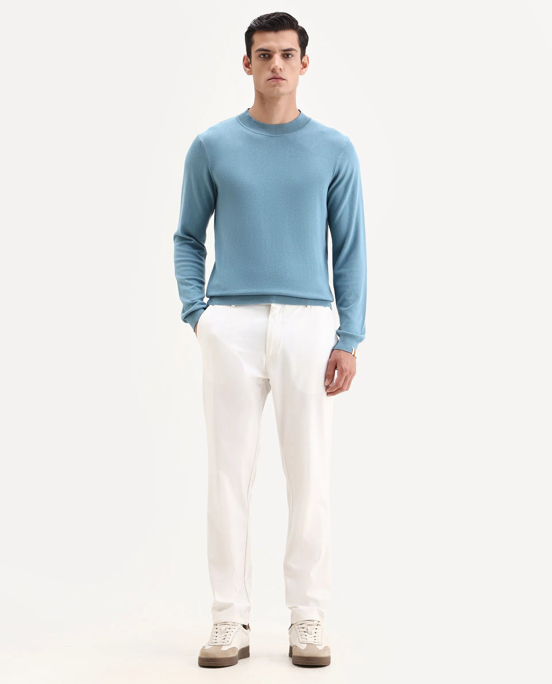 Rare Rabbit Men's Alfo 1 Light Blue Viscose Plain Slim Fit Full Sleeve High Neck Sweater