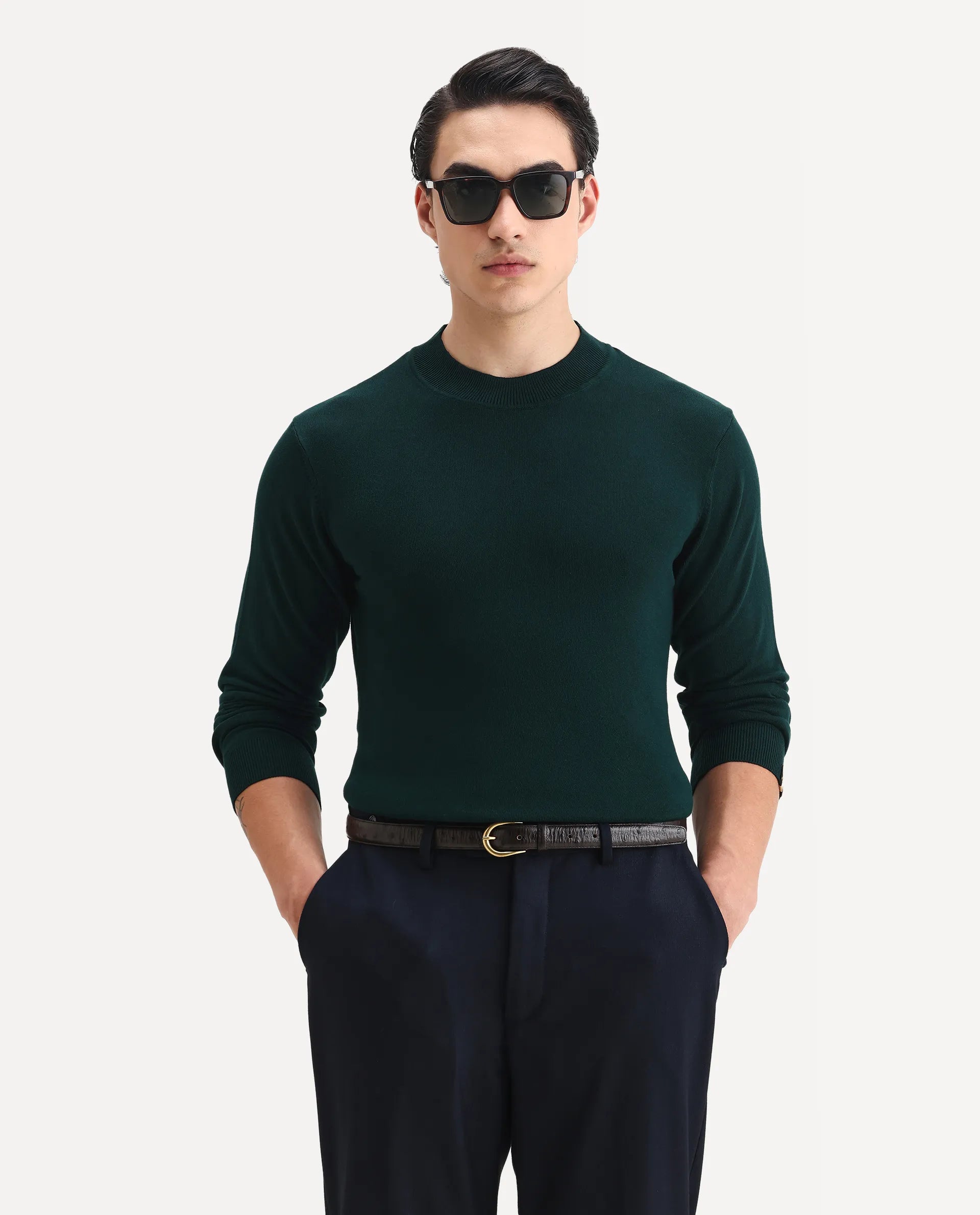 Rare Rabbit Men's Alfo 1 Green Viscose Plain Slim Fit Full Sleeve High Neck Sweater