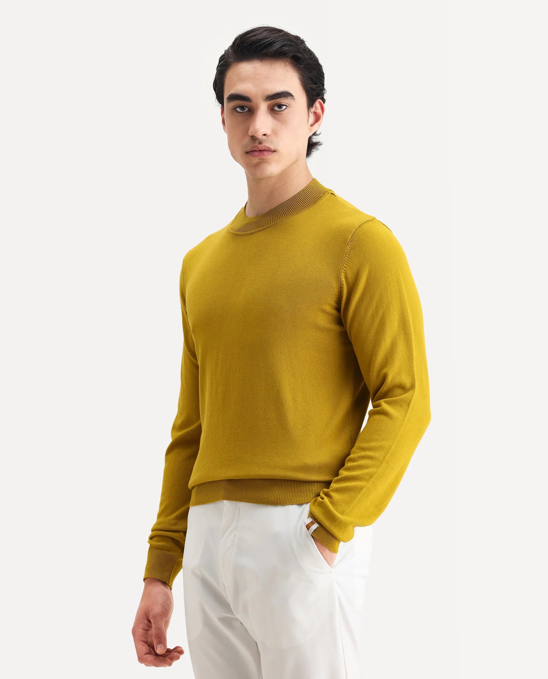 Rare Rabbit Men's Alfo 1 Mustard Viscose Plain Slim Fit Full Sleeve High Neck Sweater