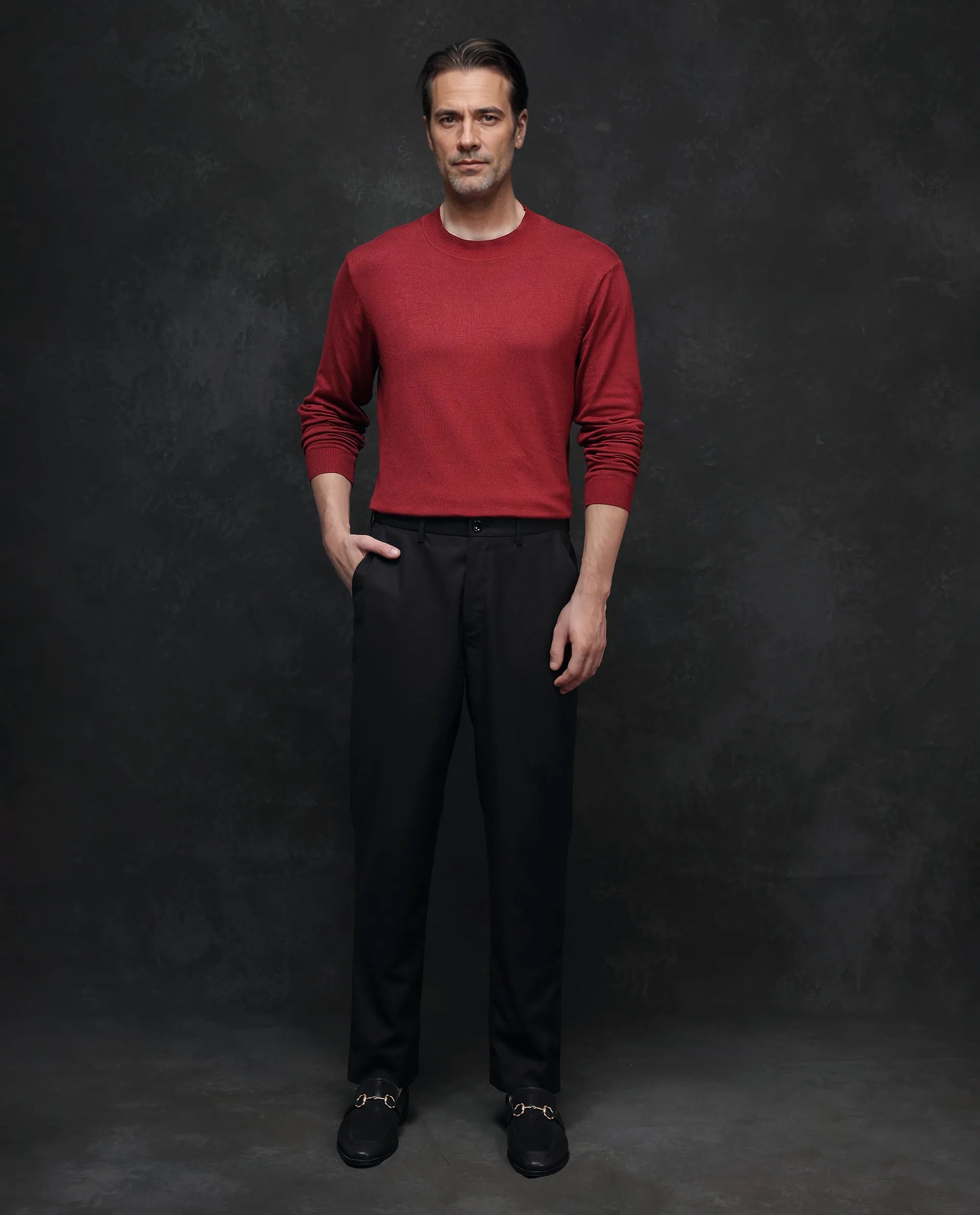 Rare Rabbit Men's Alfot Red Viscose Nylon Fabric Full Sleeve High Neck Regular Fit Plain Sweater