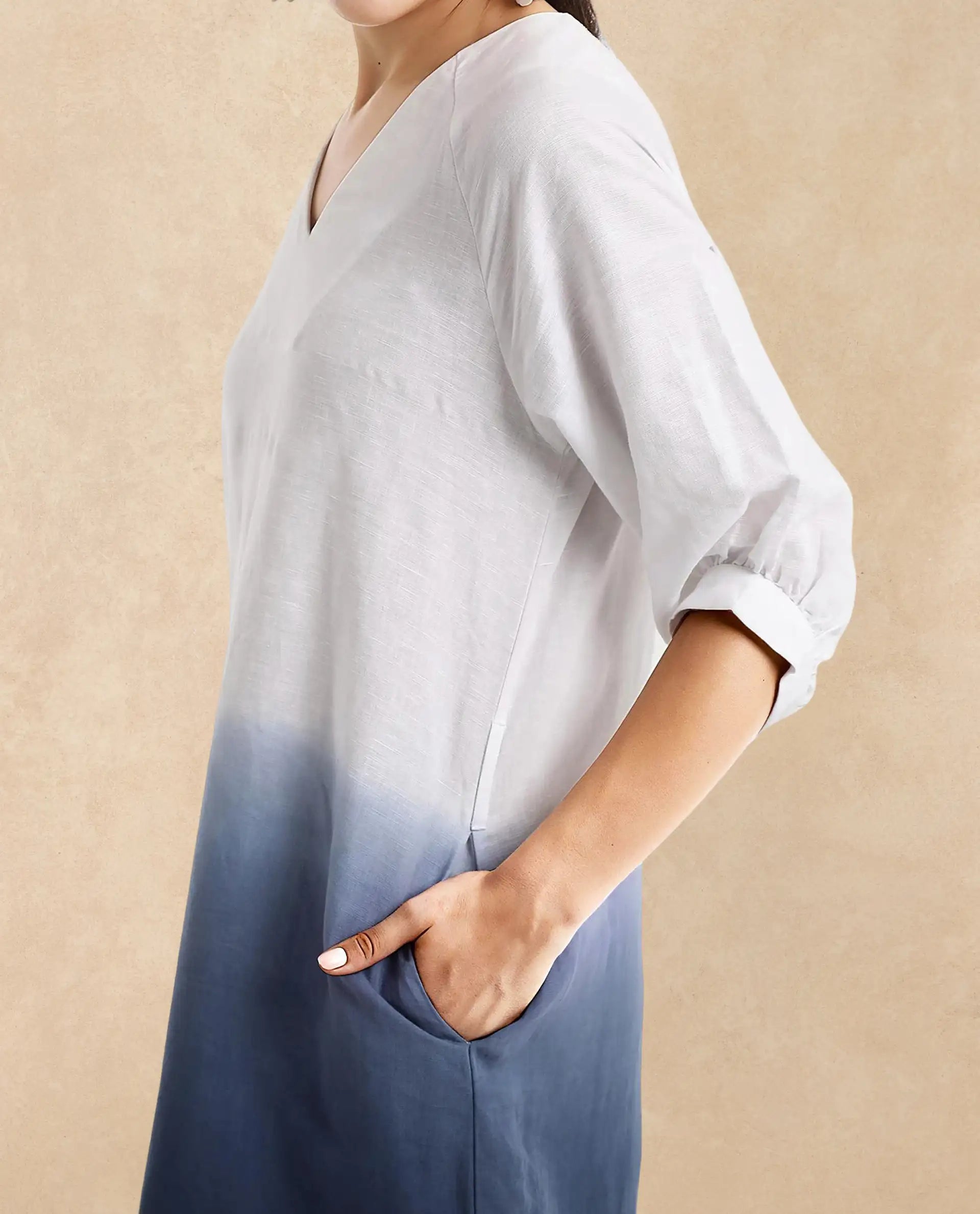 Rareism Women's Algan White Polyester Blend Fabric V-Neck Raglan Sleeve Ombre Straight Fit Midi Dress