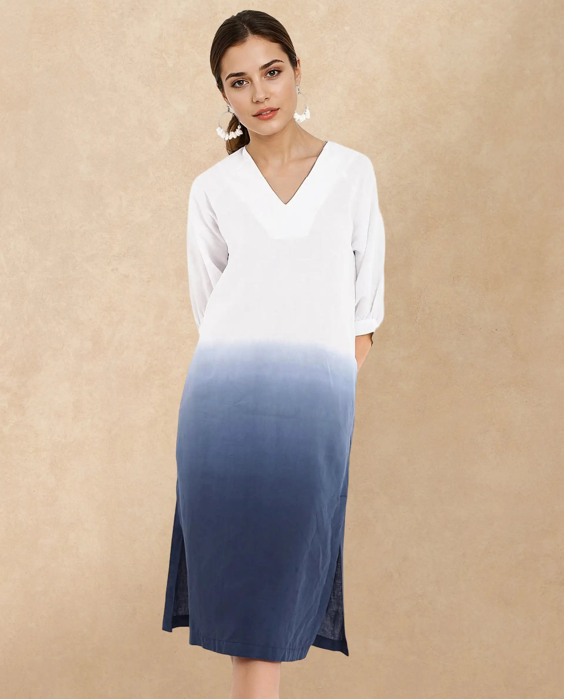 Rareism Women's Algan White Polyester Blend Fabric V-Neck Raglan Sleeve Ombre Straight Fit Midi Dress