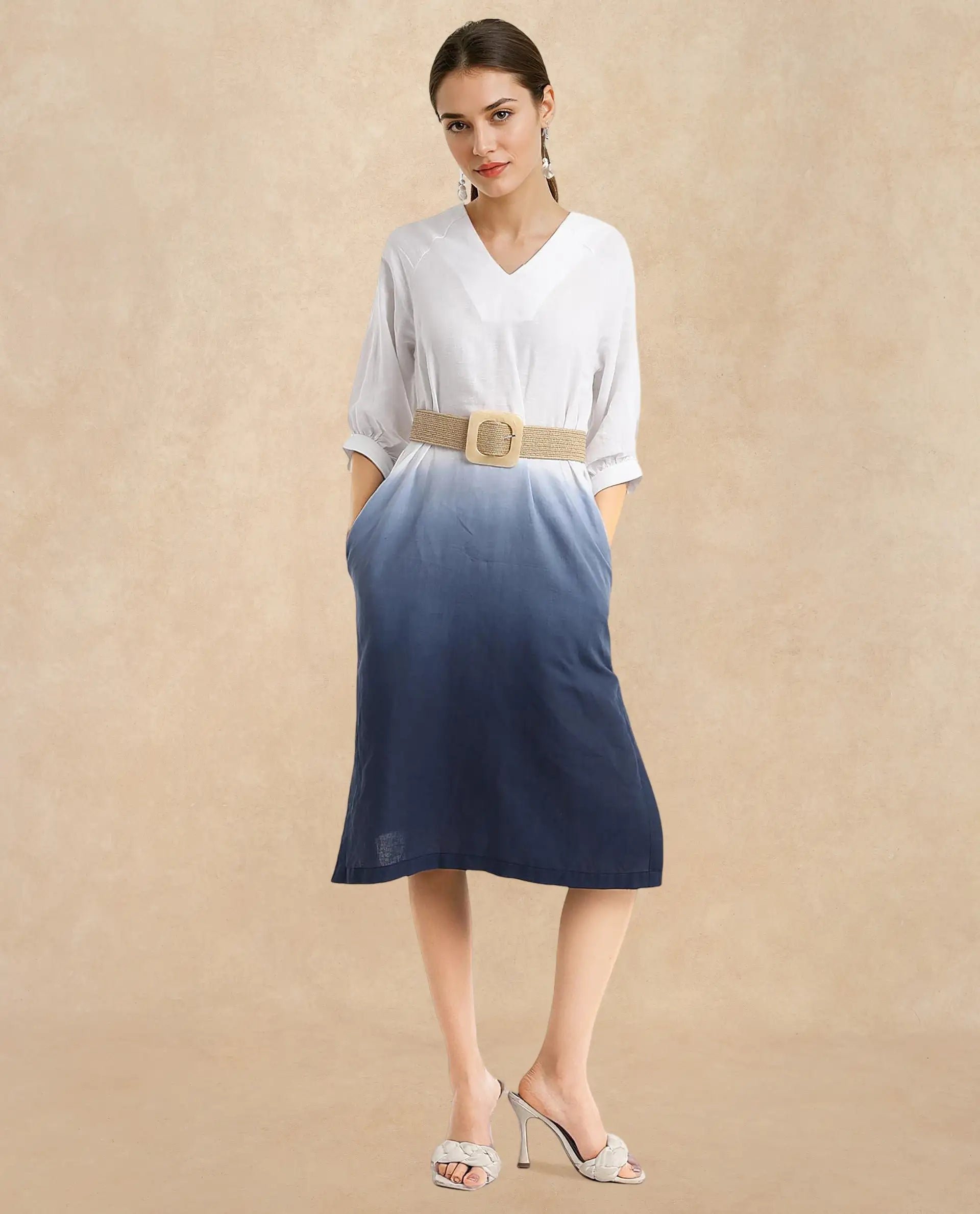 Rareism Women's Algan White Polyester Blend Fabric V-Neck Raglan Sleeve Ombre Straight Fit Midi Dress