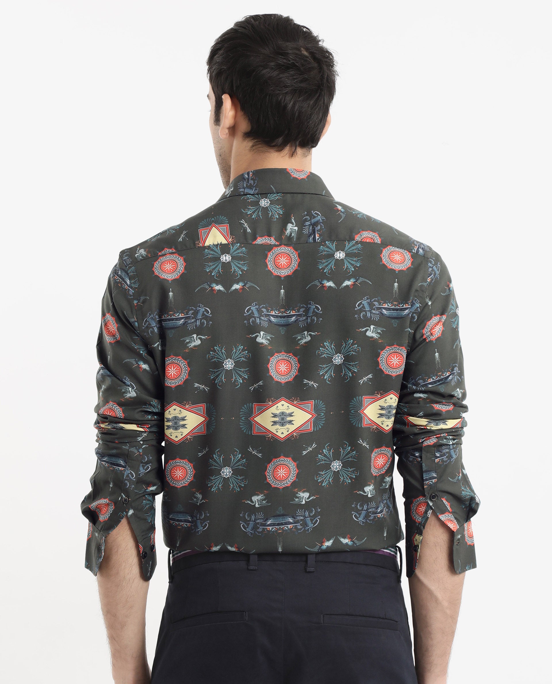 Rare Rabbit Men's Algol Dark Olive Viscose Fabric Full Sleeve Regular Fit Decorative Art Print Shirt