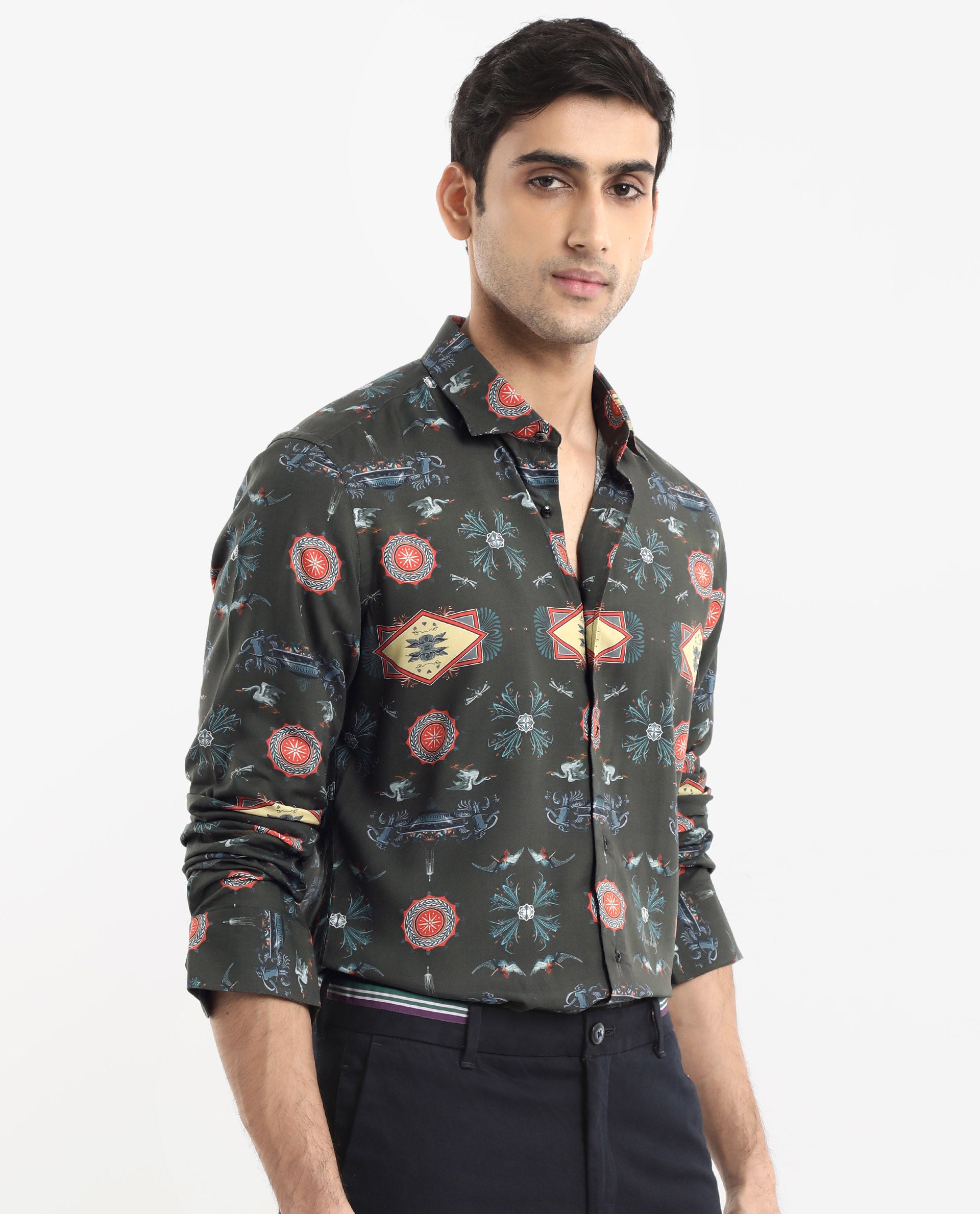 Rare Rabbit Men's Algol Dark Olive Viscose Fabric Full Sleeve Regular Fit Decorative Art Print Shirt