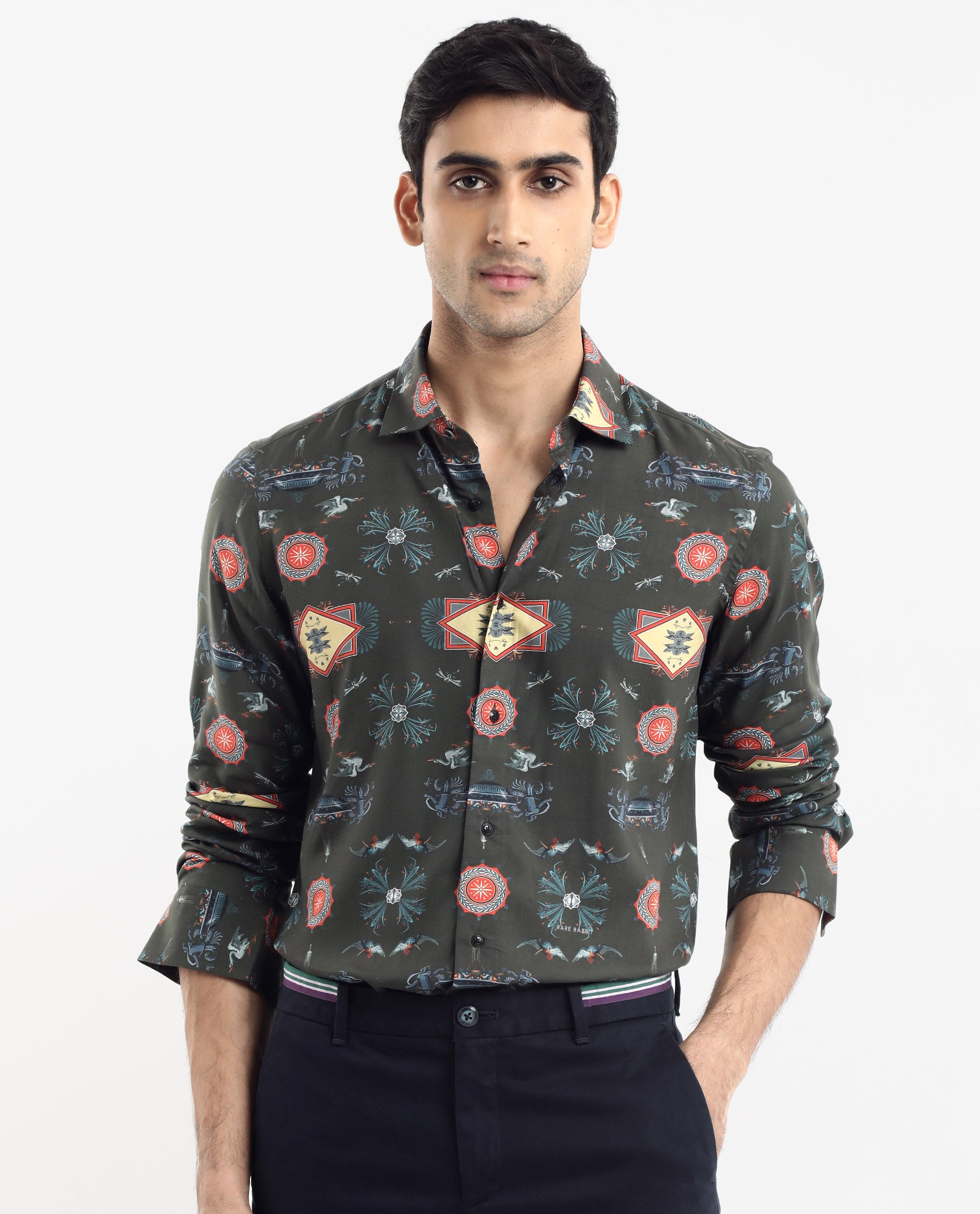 Rare Rabbit Men's Algol Dark Olive Viscose Fabric Full Sleeve Regular Fit Decorative Art Print Shirt