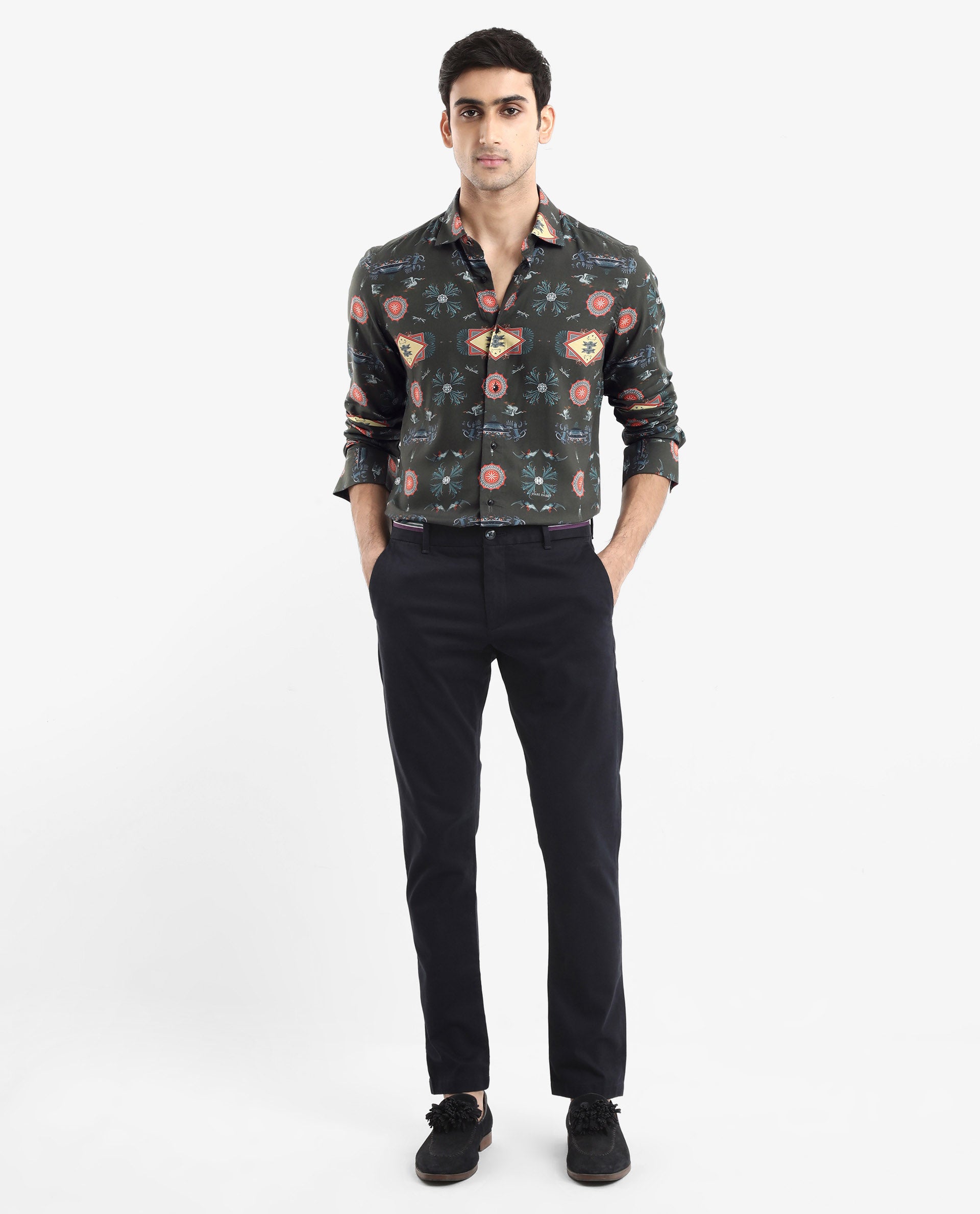 Rare Rabbit Men's Algol Dark Olive Viscose Fabric Full Sleeve Regular Fit Decorative Art Print Shirt