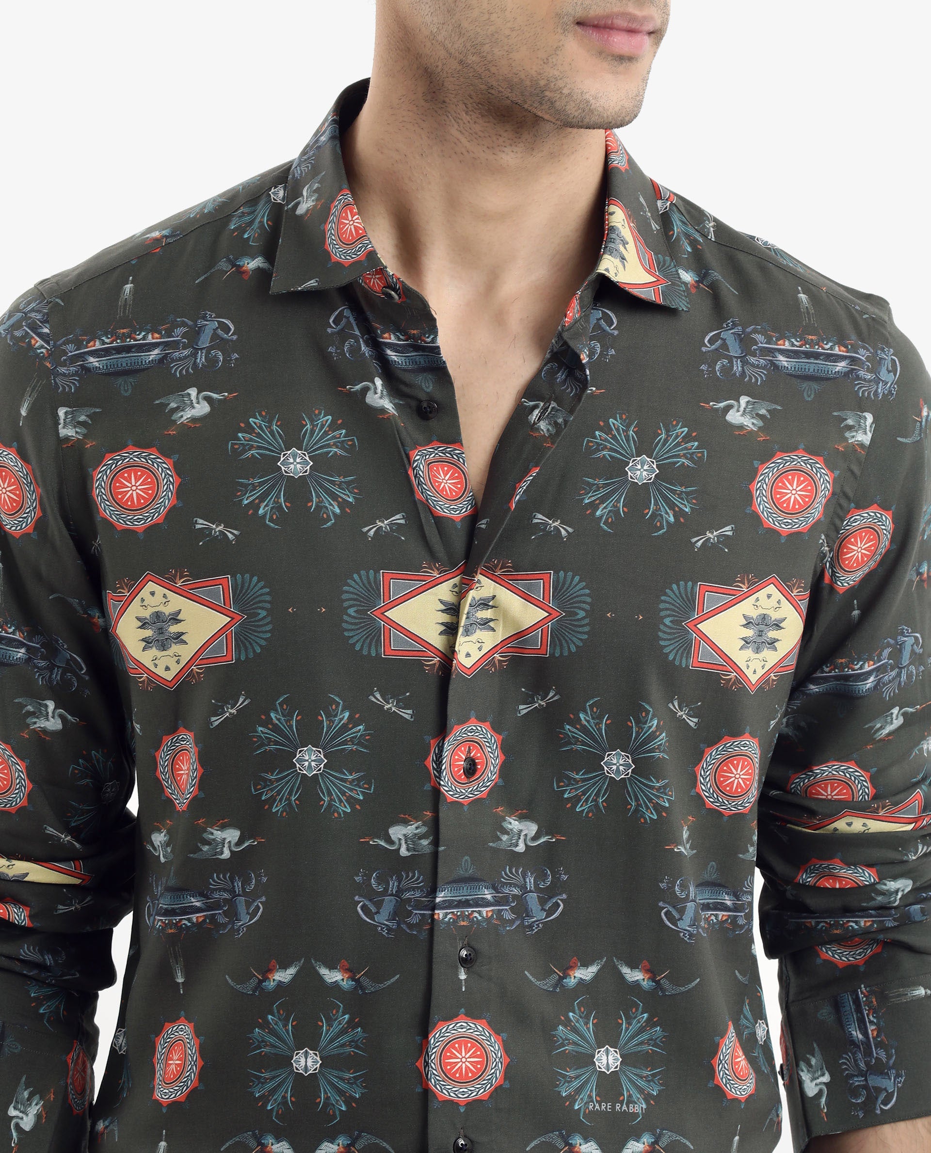 Rare Rabbit Men's Algol Dark Olive Viscose Fabric Full Sleeve Regular Fit Decorative Art Print Shirt