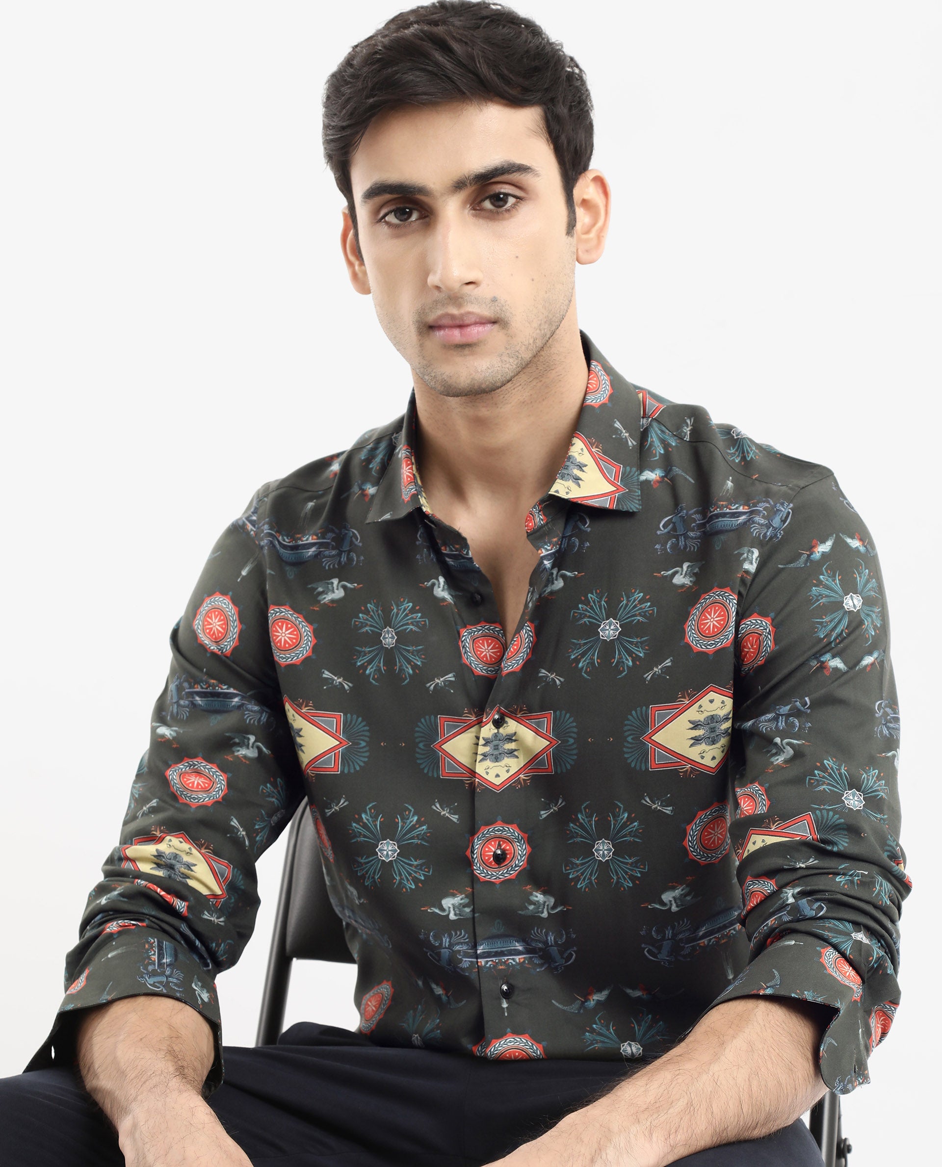 Rare Rabbit Men's Algol Dark Olive Viscose Fabric Full Sleeve Regular Fit Decorative Art Print Shirt