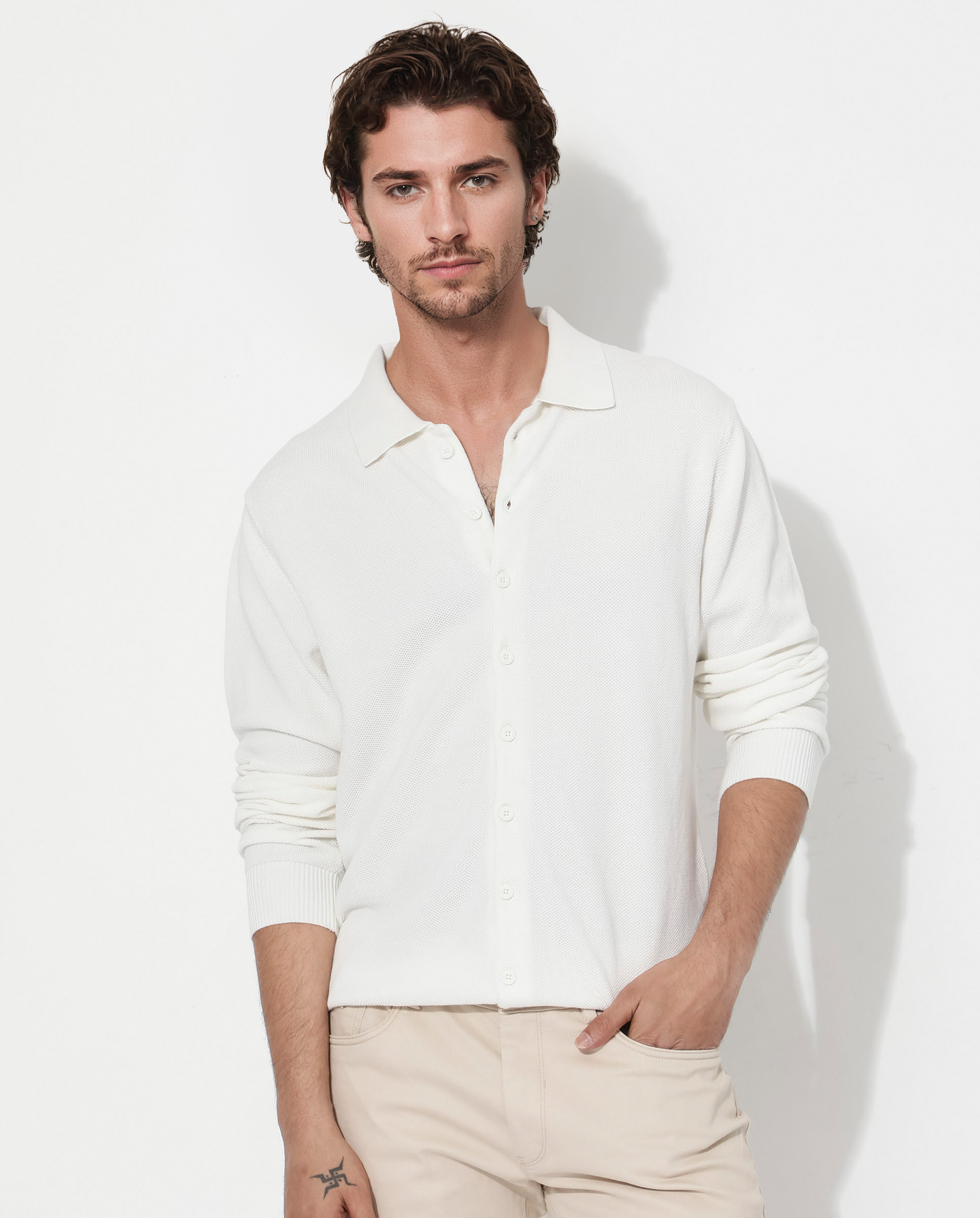 Rare Rabbit Men's Alias-N Off White Cotton Fabric Full Sleeve Regular Collar Regular Fit Knitted Shirt