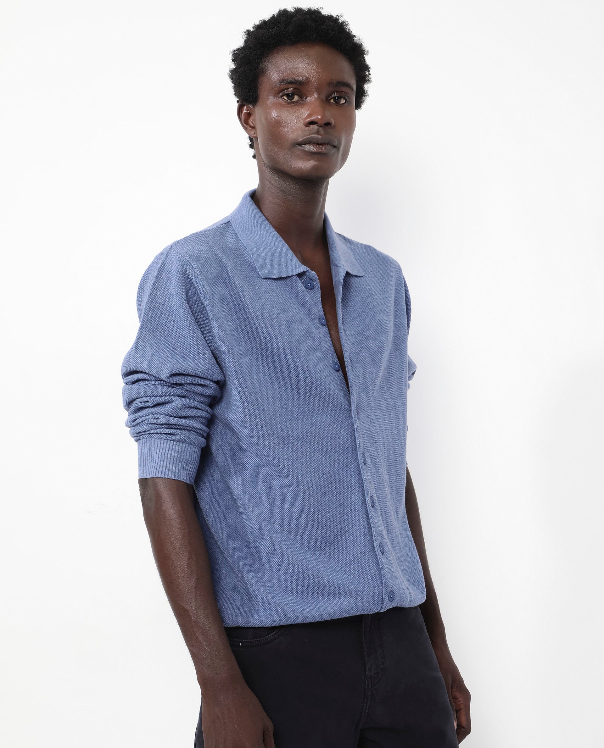 Rare Rabbit Men's Alias-N Dusky Blue Cotton Fabric Full Sleeve Regular Collar Regular Fit Knitted Shirt