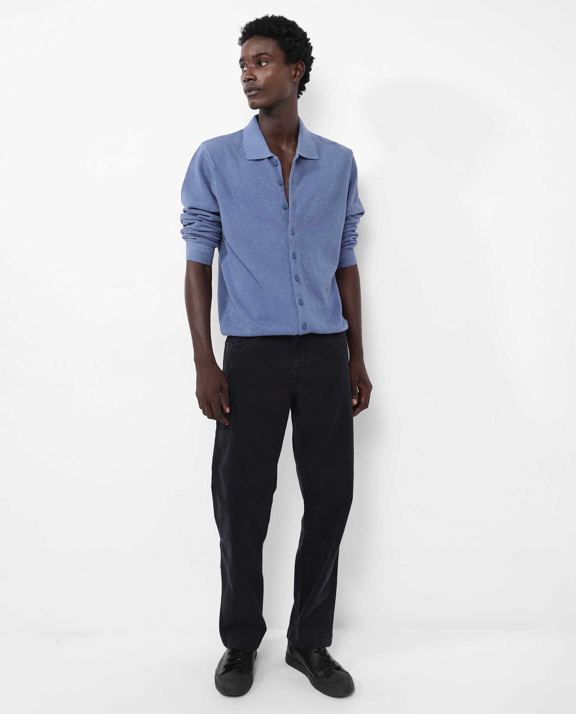 Rare Rabbit Men's Alias-N Dusky Blue Cotton Fabric Full Sleeve Regular Collar Regular Fit Knitted Shirt