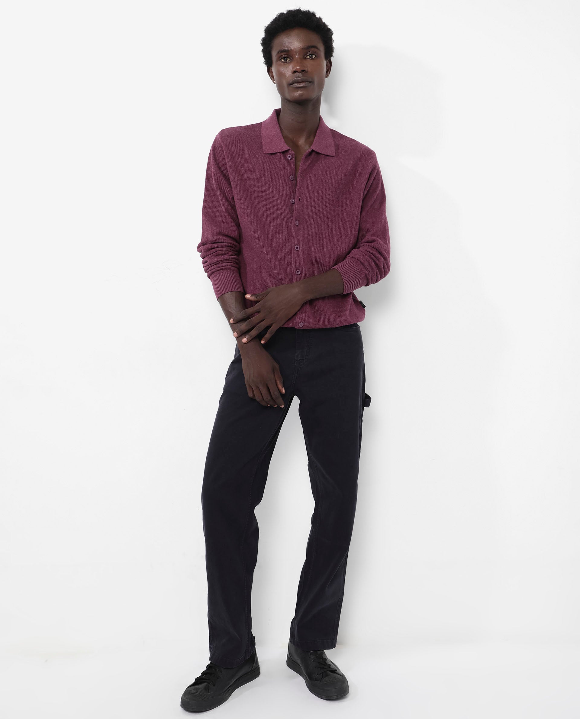 Rare Rabbit Men's Alias-N Dusky Purple Cotton Fabric Full Sleeve Regular Collar Regular Fit Knitted Shirt