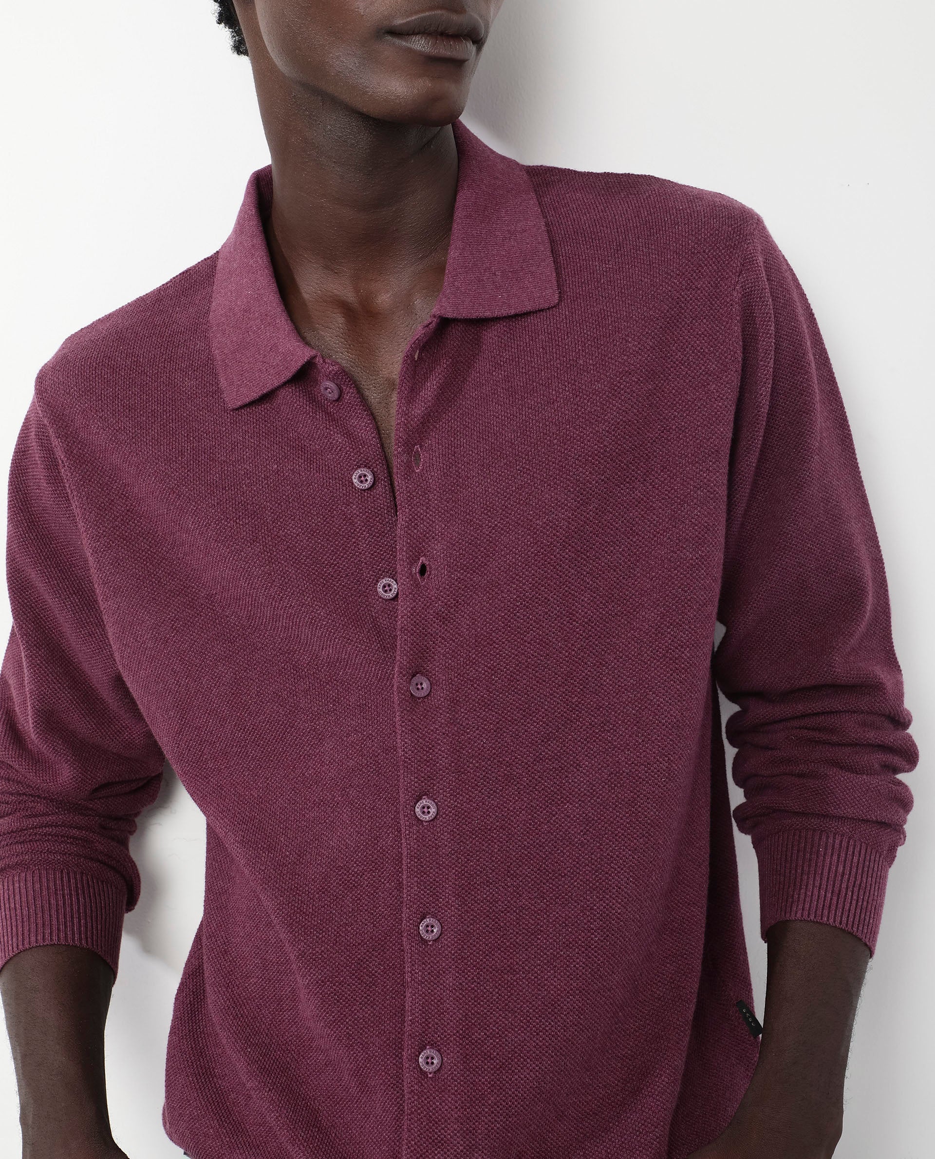 Rare Rabbit Men's Alias-N Dusky Purple Cotton Fabric Full Sleeve Regular Collar Regular Fit Knitted Shirt