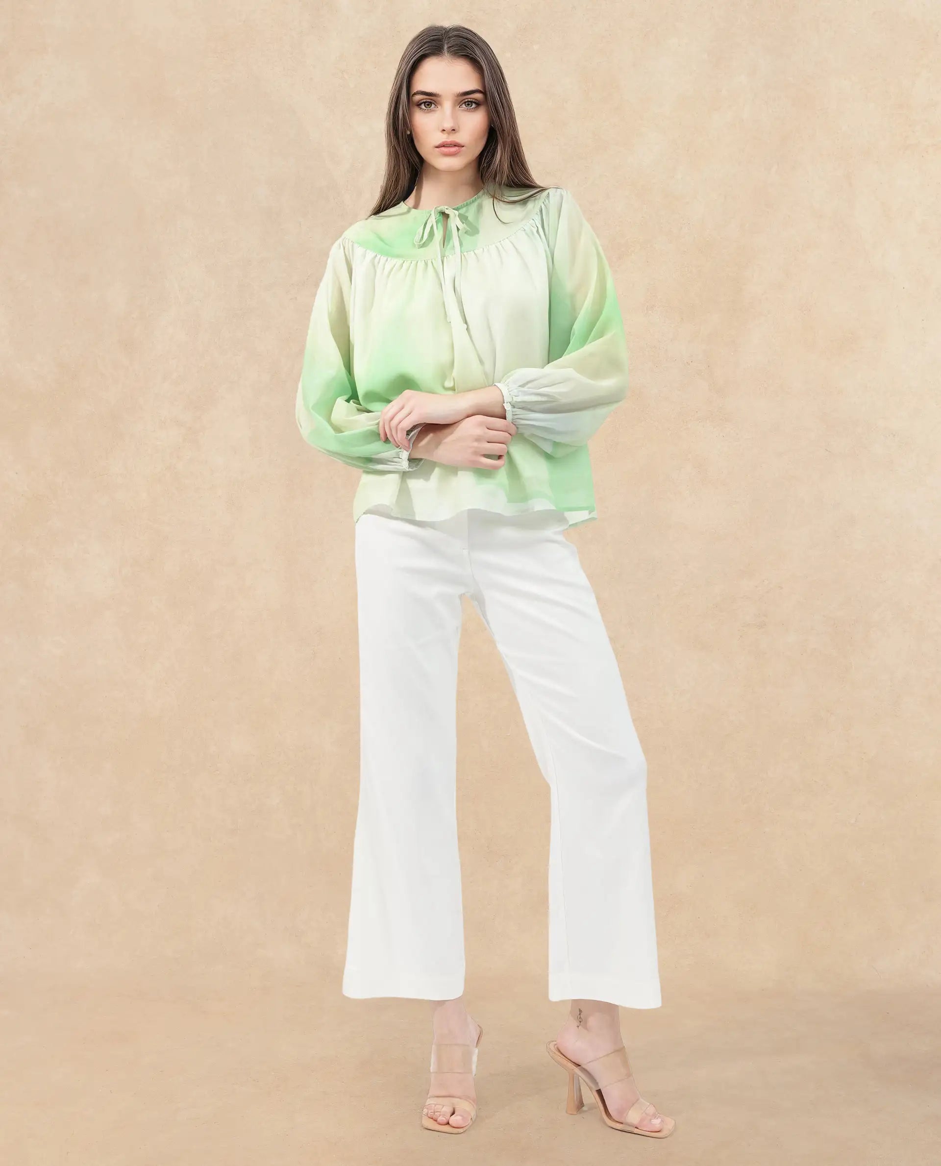 Rareism Women Alic-SC Green Polyester Fabric Full Sleeve Round Neck Top