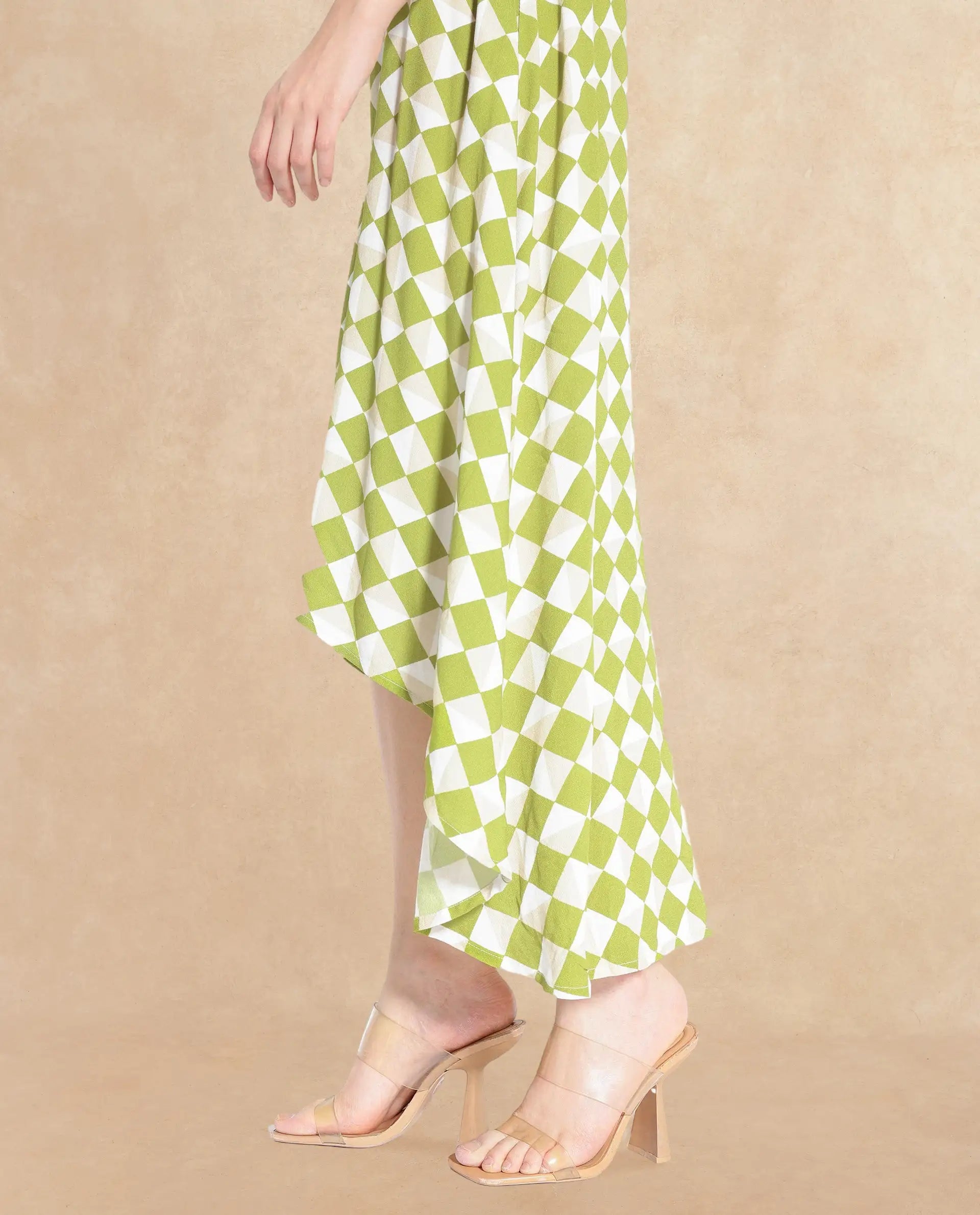 Rareism Women's Alice Light Green Spread Collar Button Closure Cuffed Sleeve Geometric Print Flared Maxi Dress