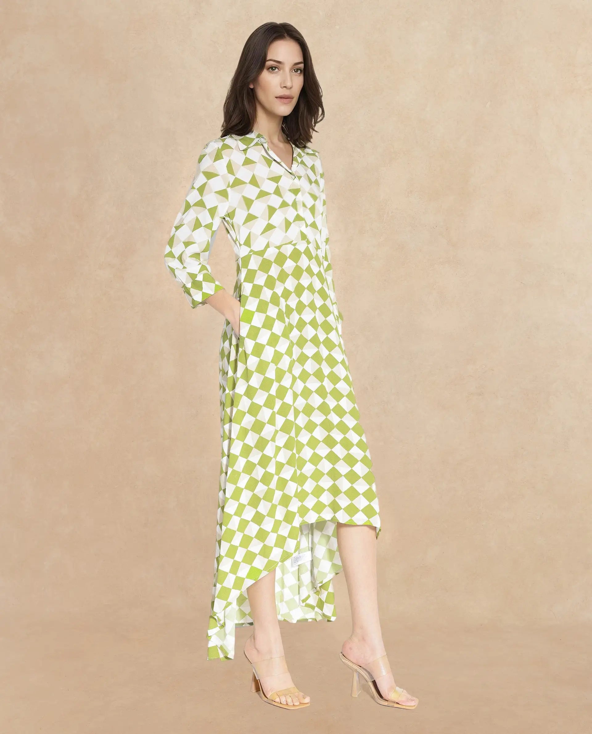 Rareism Women's Alice Light Green Spread Collar Button Closure Cuffed Sleeve Geometric Print Flared Maxi Dress