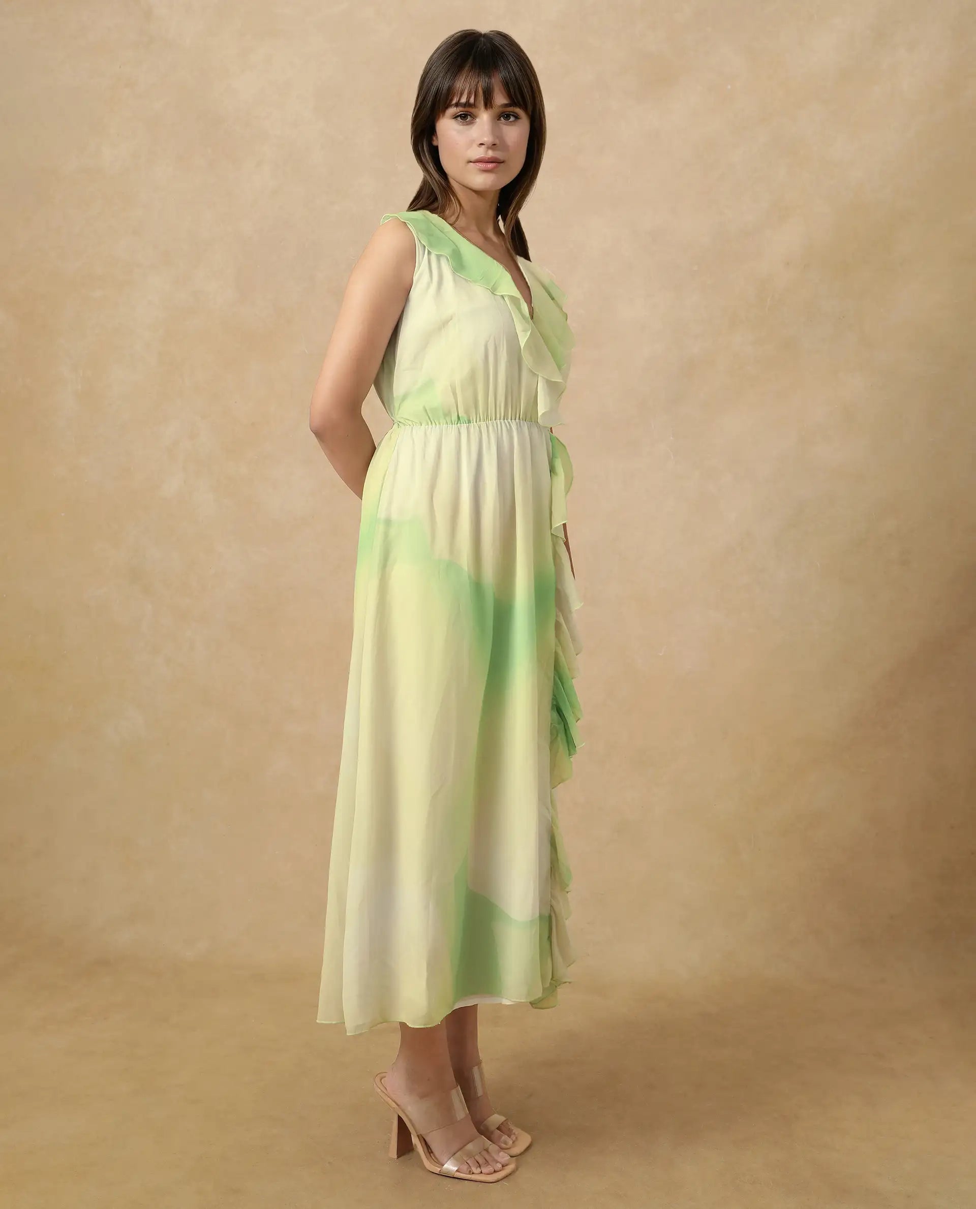 Rareism Women's Alicia Green Polyester Overlap Neck Abstract Print Sleeveless Maxi A-Line Dress