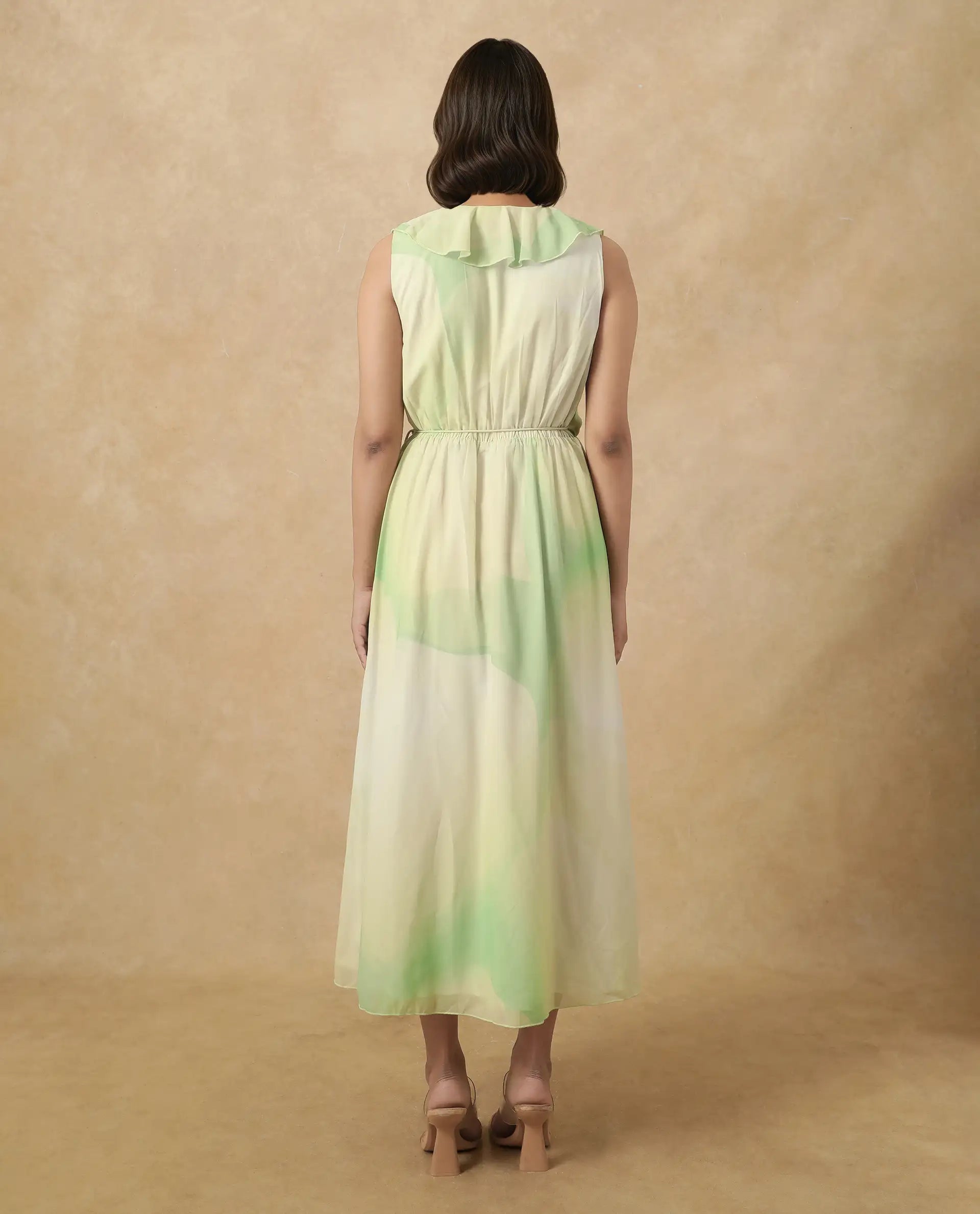 Rareism Women's Alicia Green Polyester Overlap Neck Abstract Print Sleeveless Maxi A-Line Dress