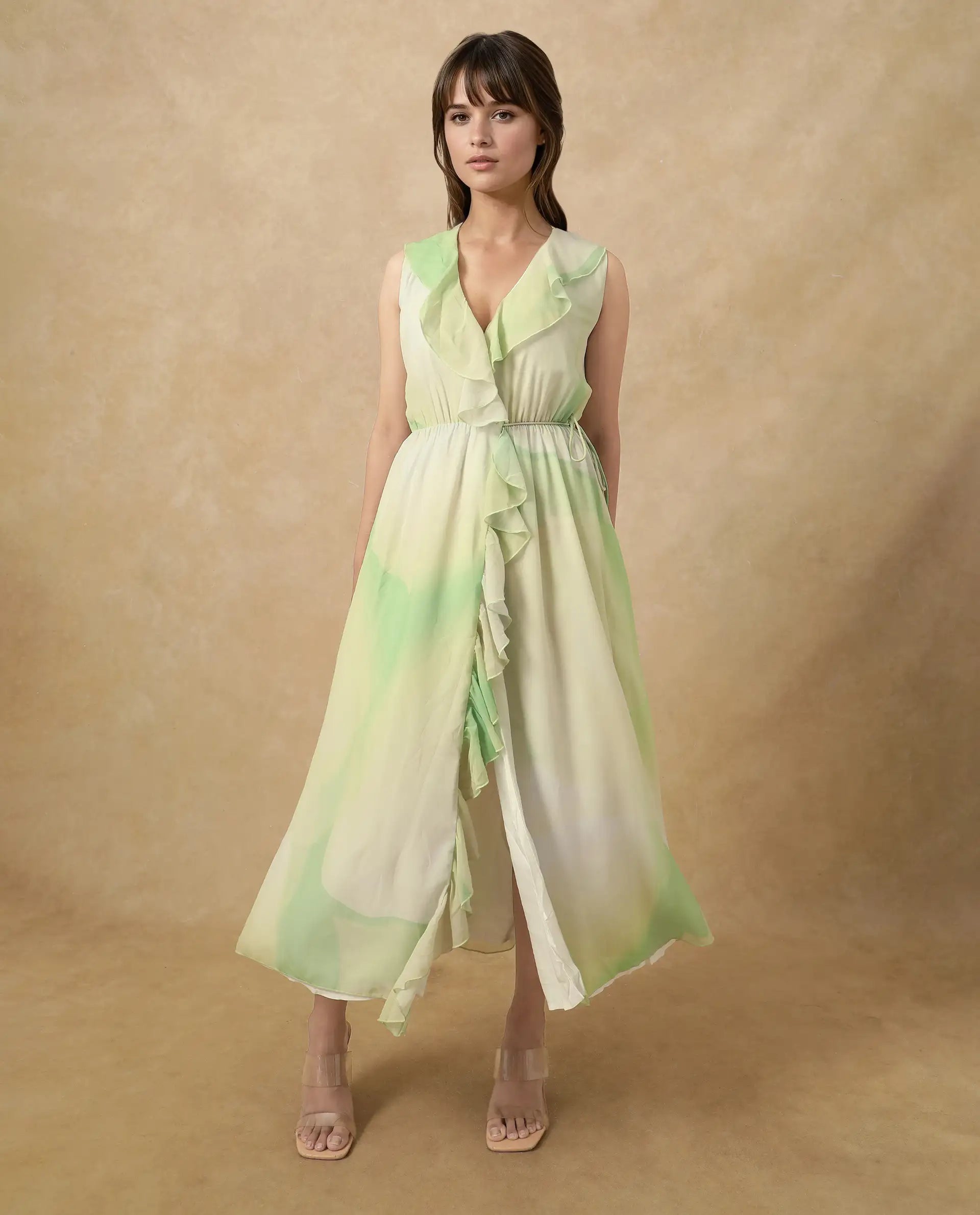 Rareism Women's Alicia Green Polyester Overlap Neck Abstract Print Sleeveless Maxi A-Line Dress