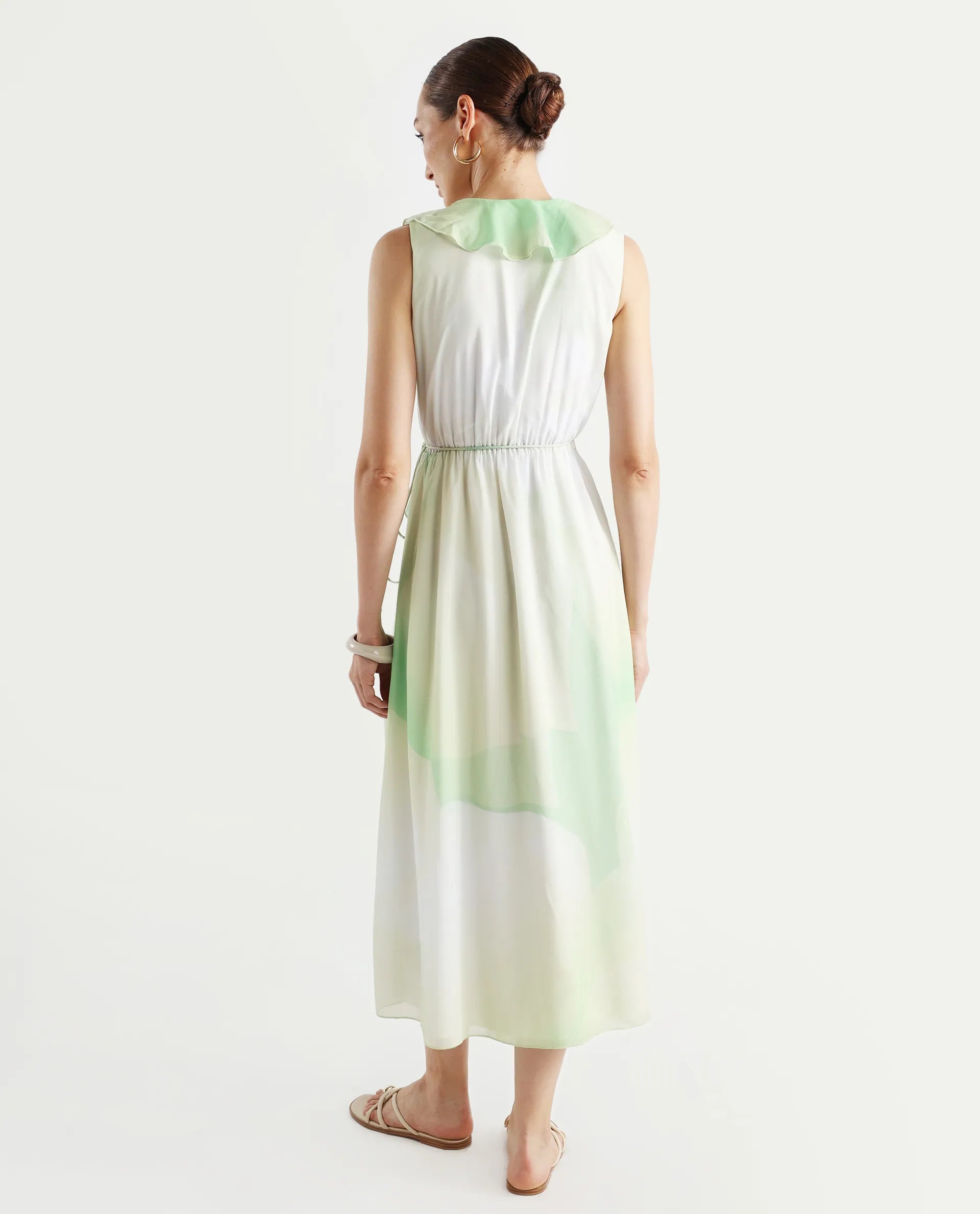 Rareism Women's Alicia Green Polyester Overlap Neck Abstract Print Sleeveless Maxi A-Line Dress