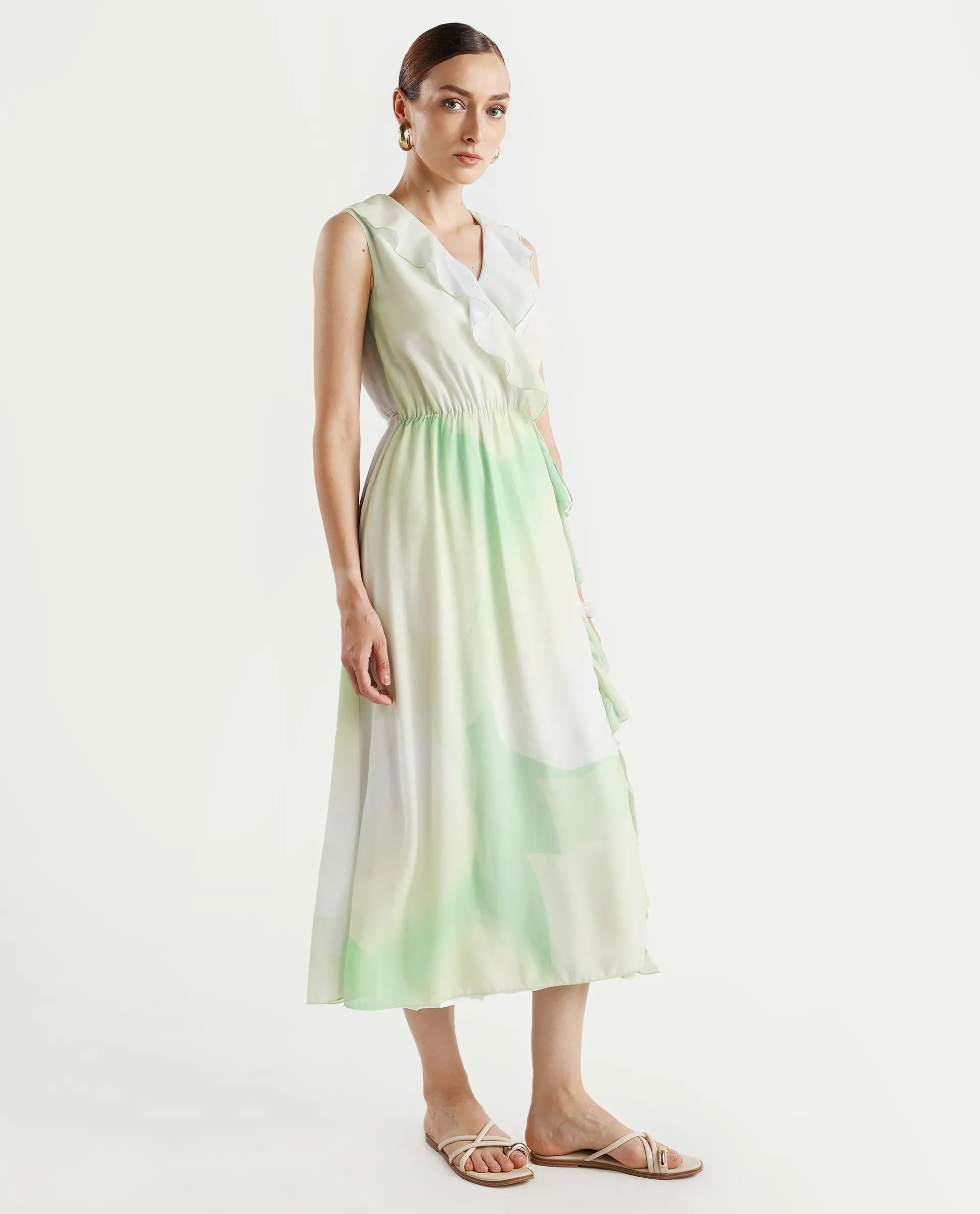 Rareism Women's Alicia Green Polyester Overlap Neck Abstract Print Sleeveless Maxi A-Line Dress