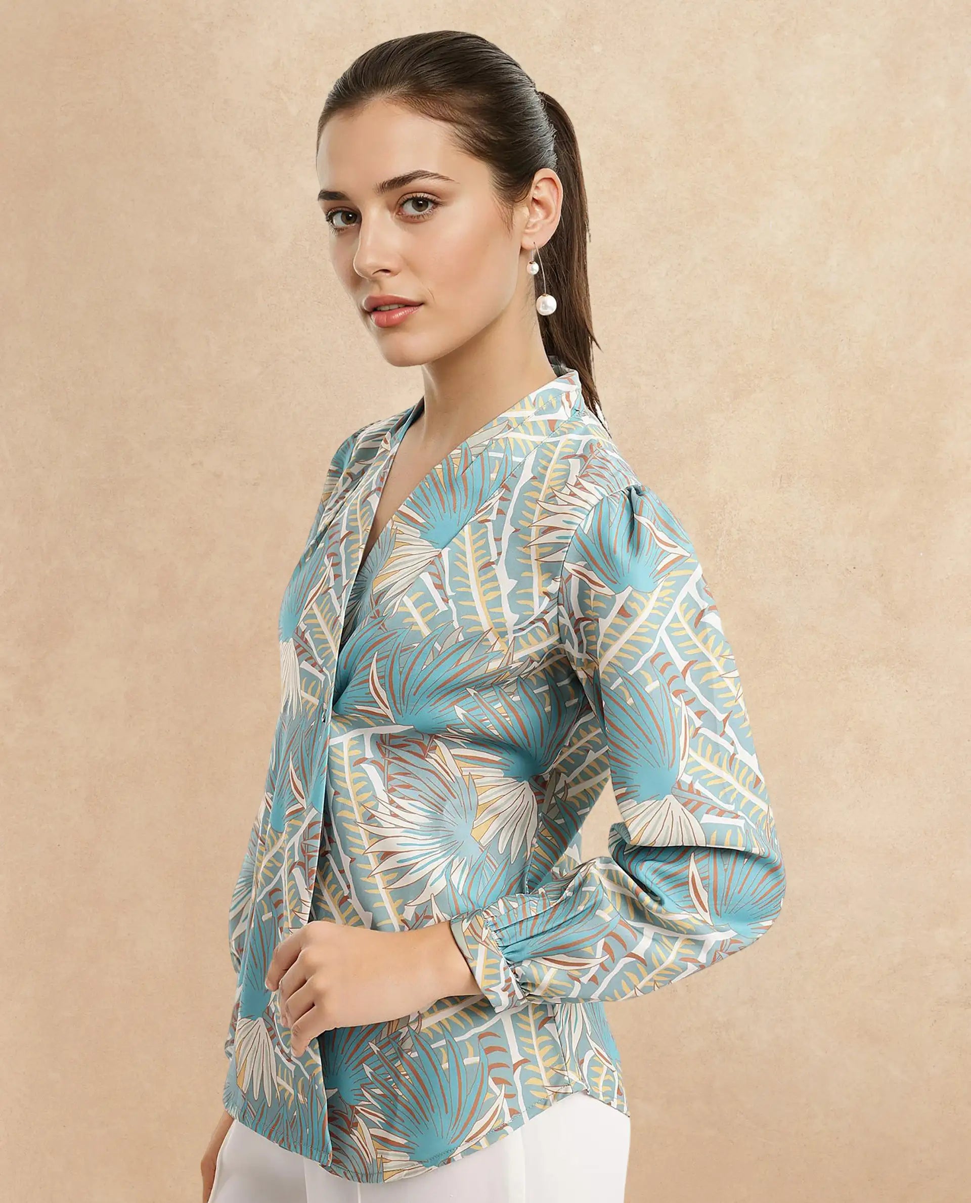 Rareism Women Alici Blue Bishop Sleeve Over Lap Neck Abstract Print Top