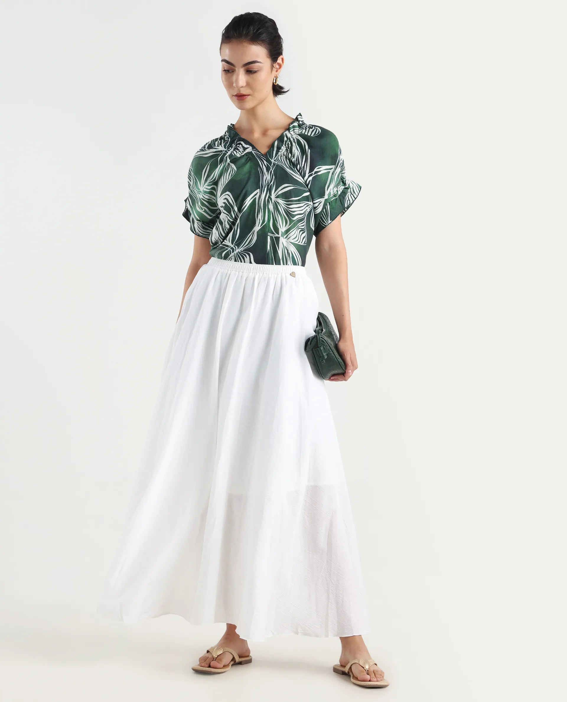 Rareism Women's Alina White Cotton Plain Ankle Length Flared Skirt