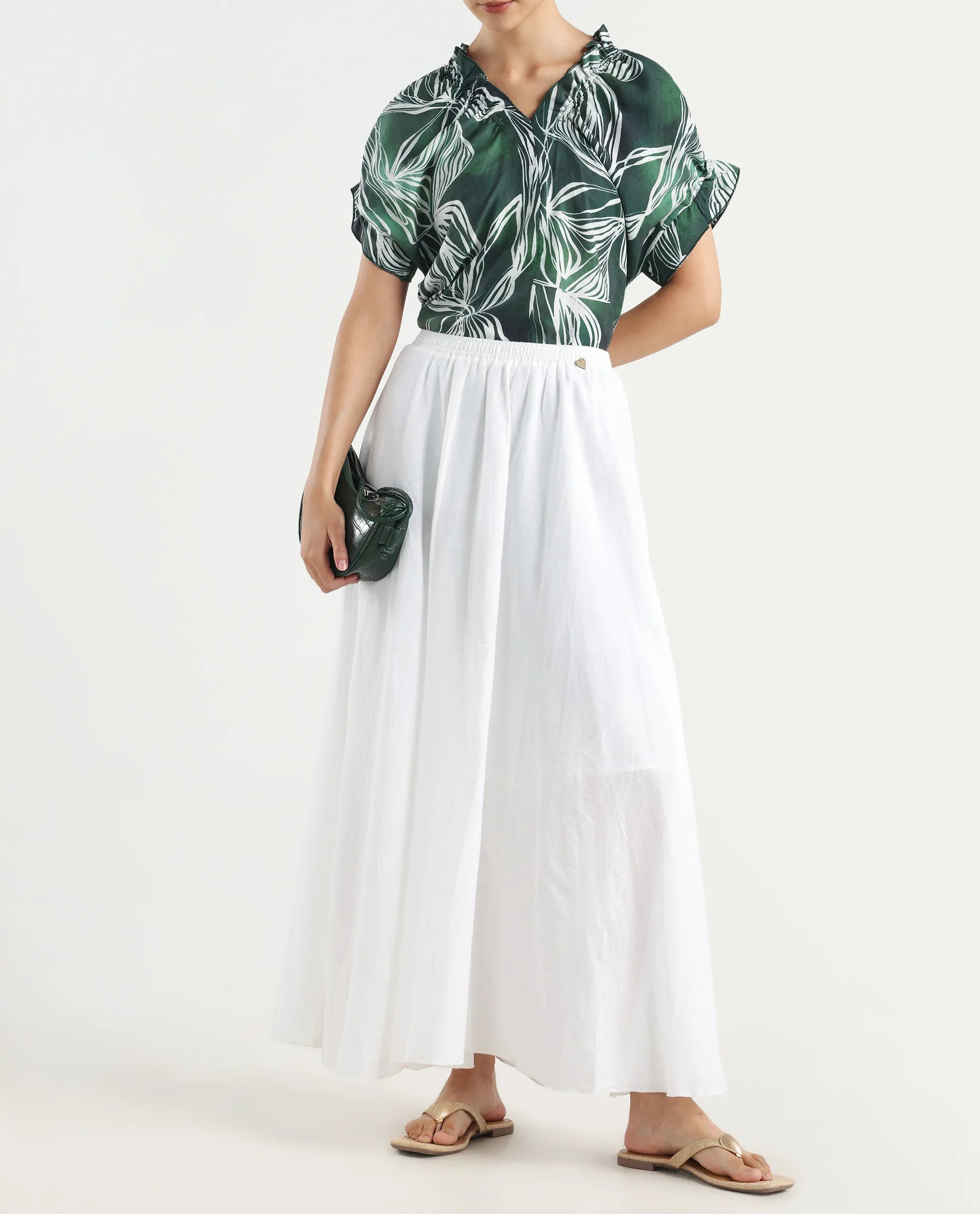 Rareism Women's Alina White Cotton Plain Ankle Length Flared Skirt