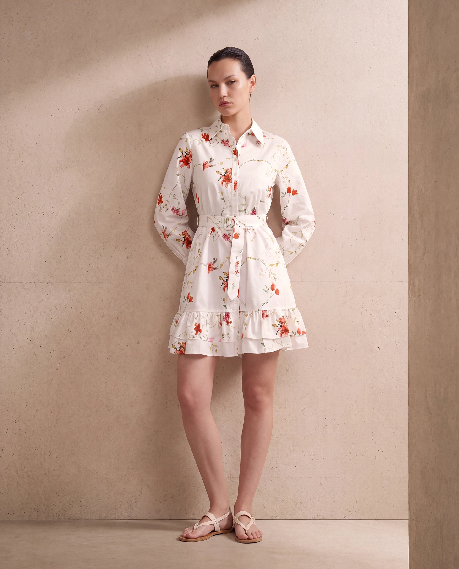 Rareism Women's Alitap Off White Cotton Satin Full Sleeve Fit And Flare Floral Print Dress
