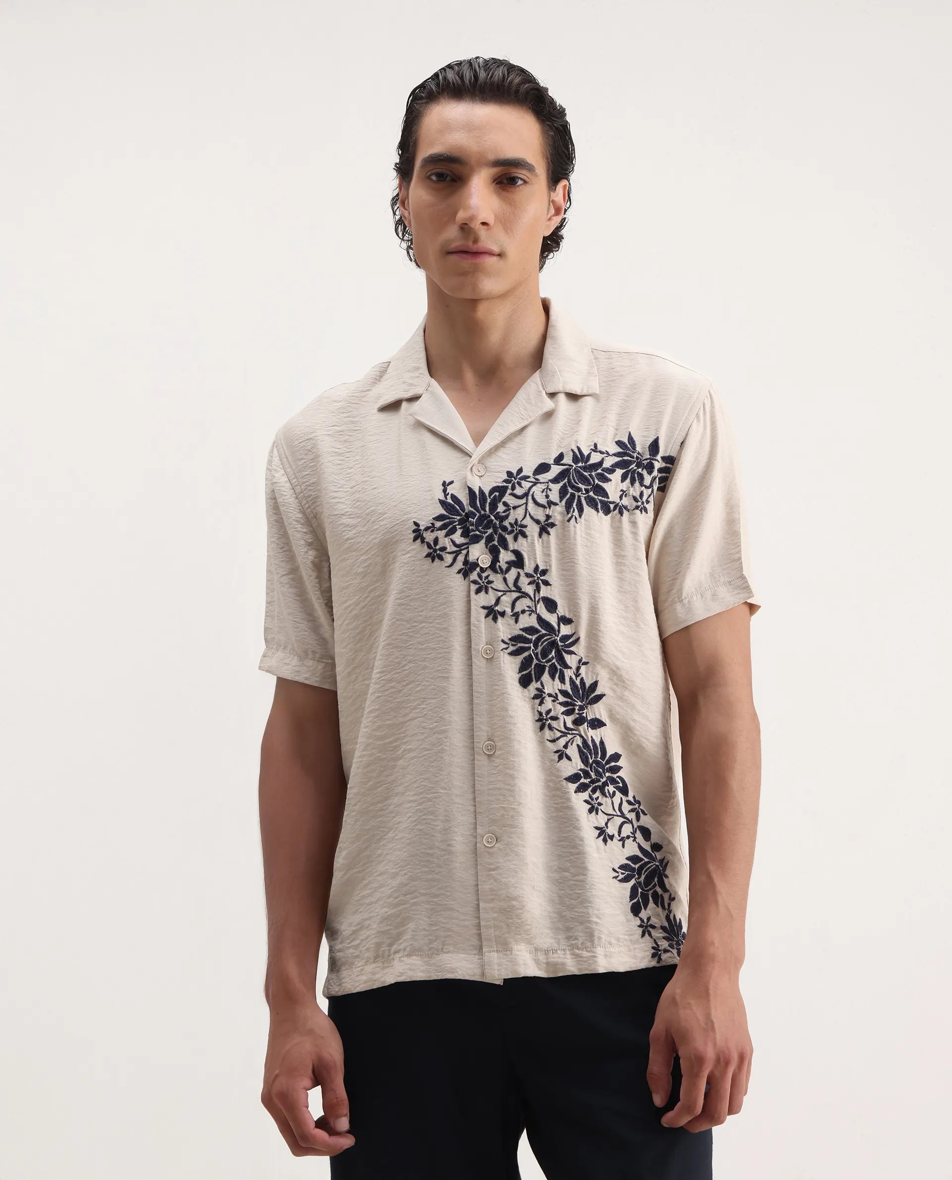 Rare Rabbit Men's Alix Beige Viscose Blend Embroidered Boxy Fit Half Sleeve Cuban Collar Shirt