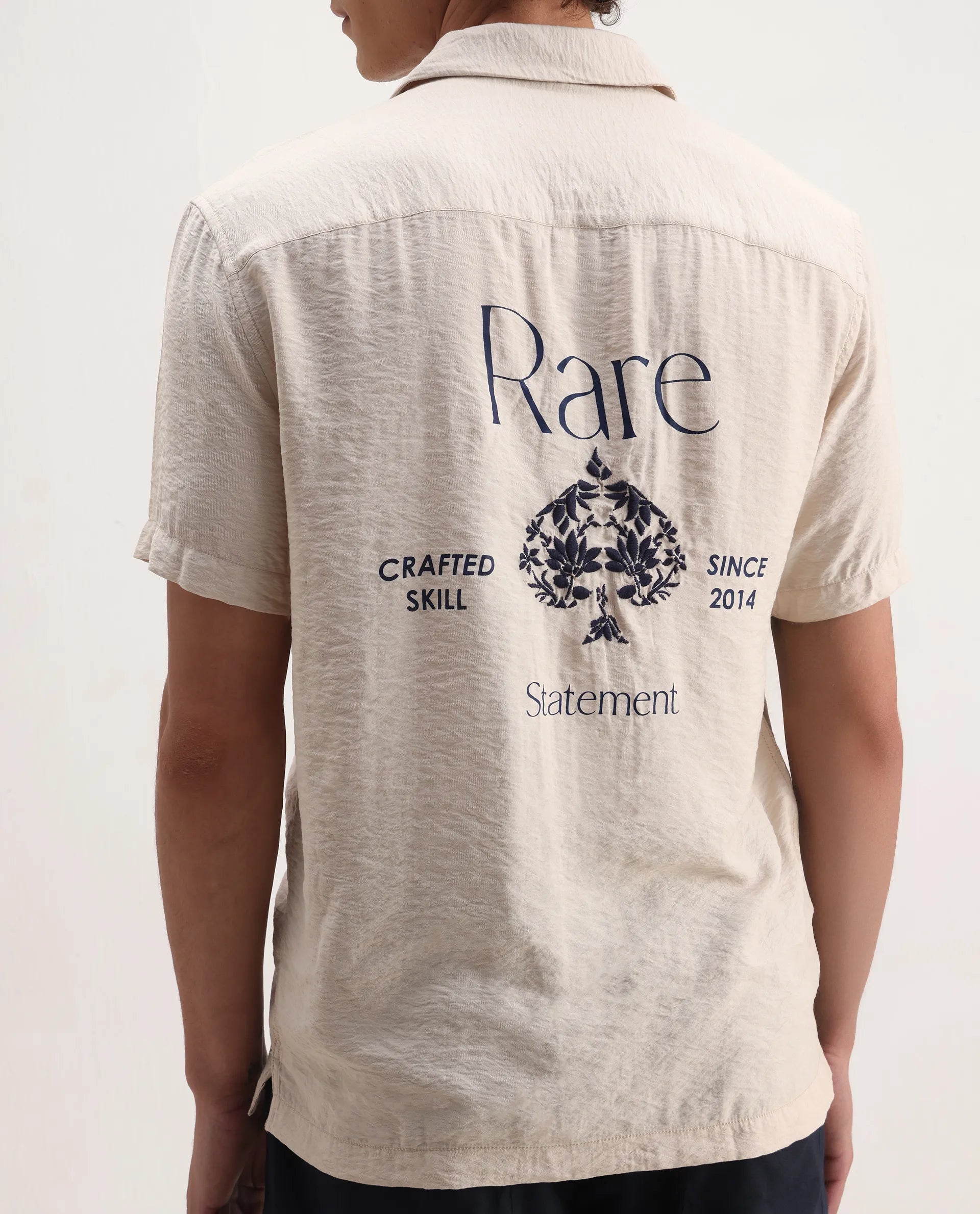 Rare Rabbit Men's Alix Beige Viscose Blend Embroidered Boxy Fit Half Sleeve Cuban Collar Shirt