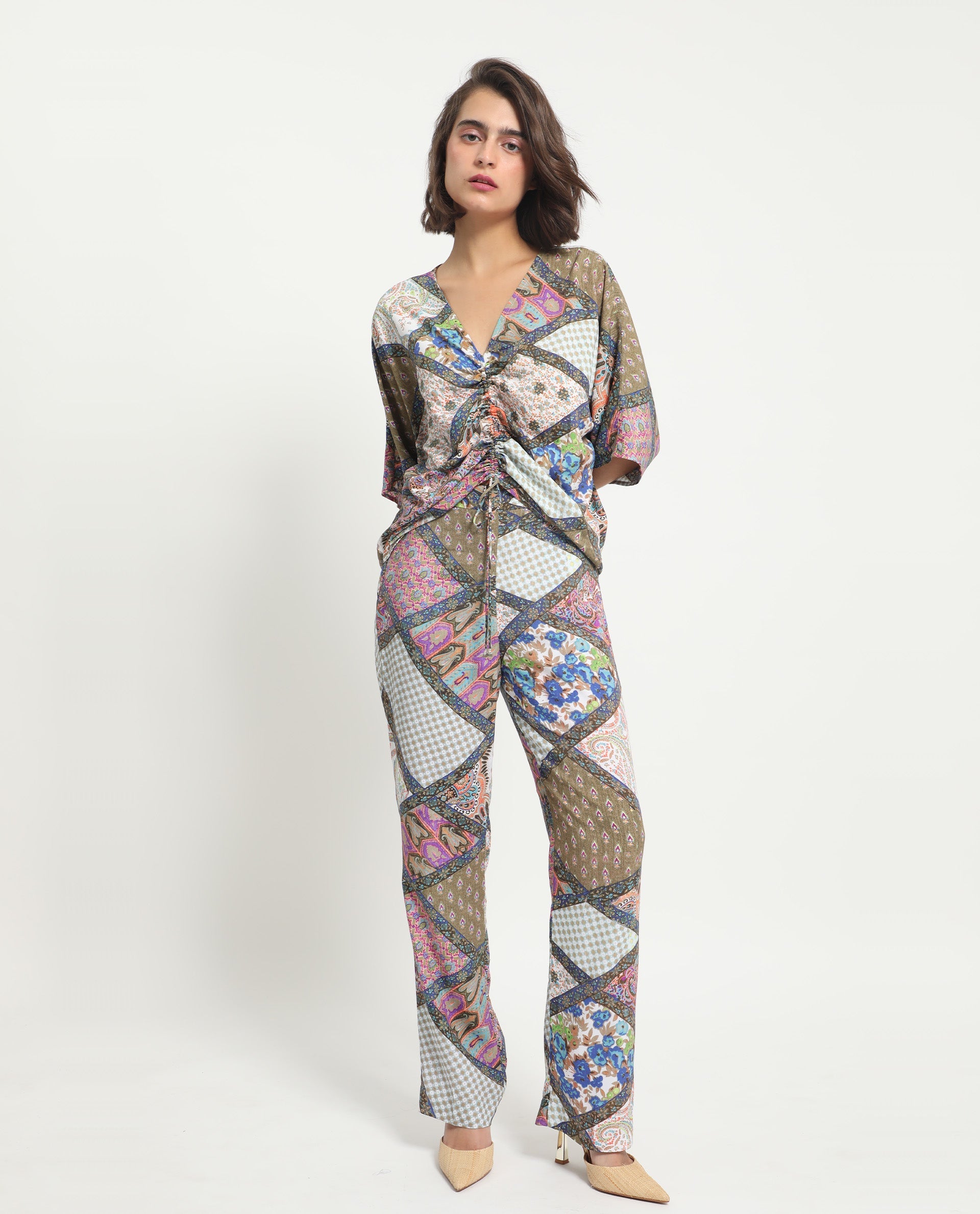 Rareism Women Allan Multi Viscose Fabric Drawstring Closure Tailored Fit Abstract Print Ankle Length Trousers