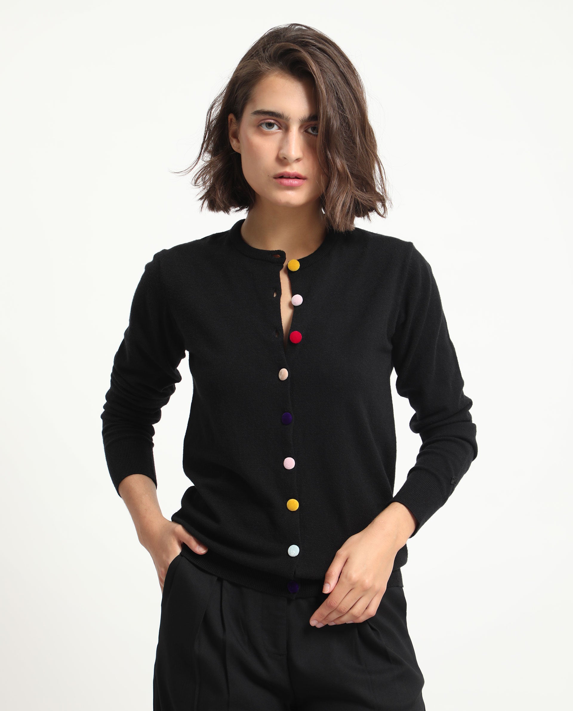 Rareism Women Alle Black Viscose Fabric Full Sleeves Button Closure Round Neck Regular Fit Plain Sweater