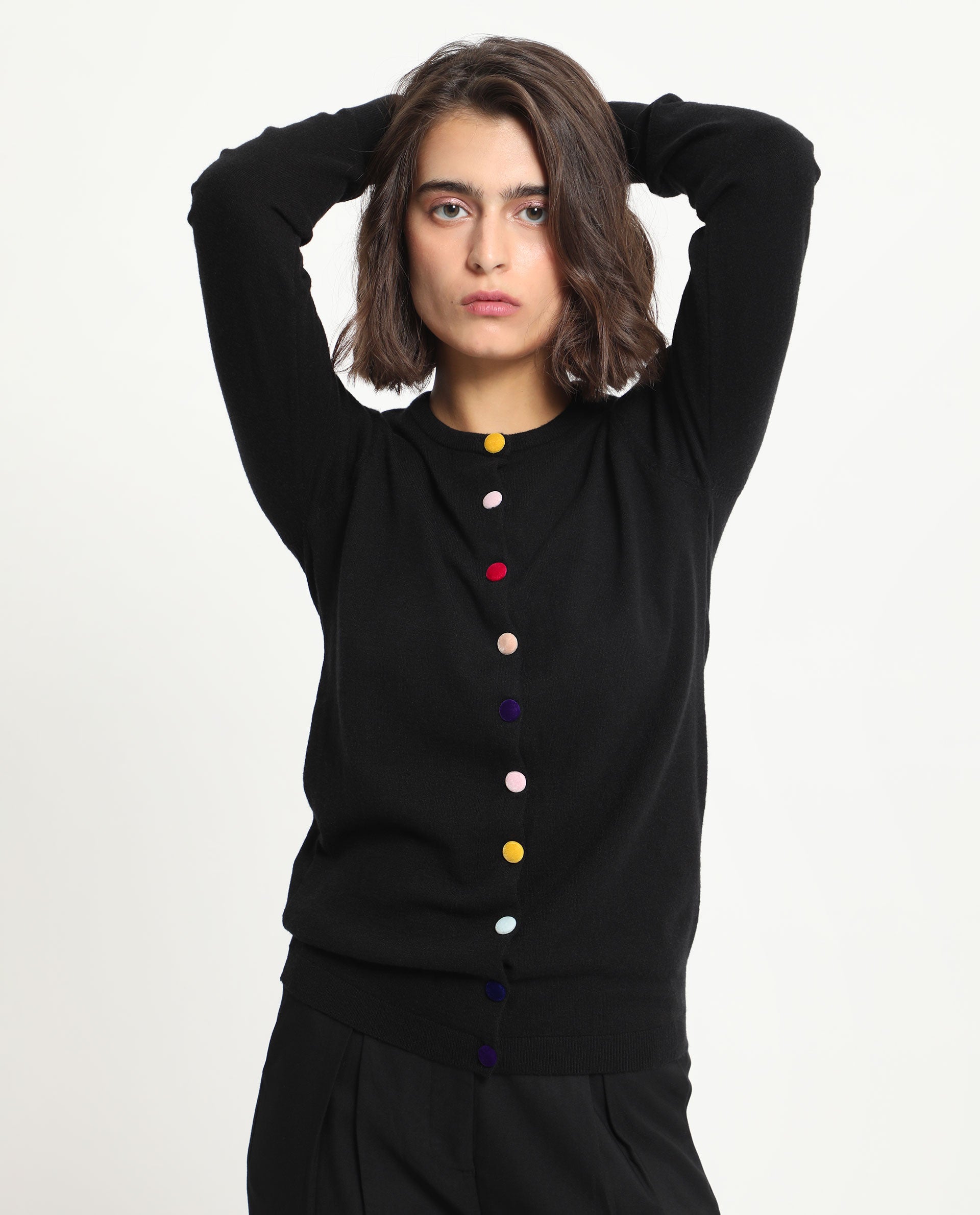 Rareism Women Alle Black Viscose Fabric Full Sleeves Button Closure Round Neck Regular Fit Plain Sweater