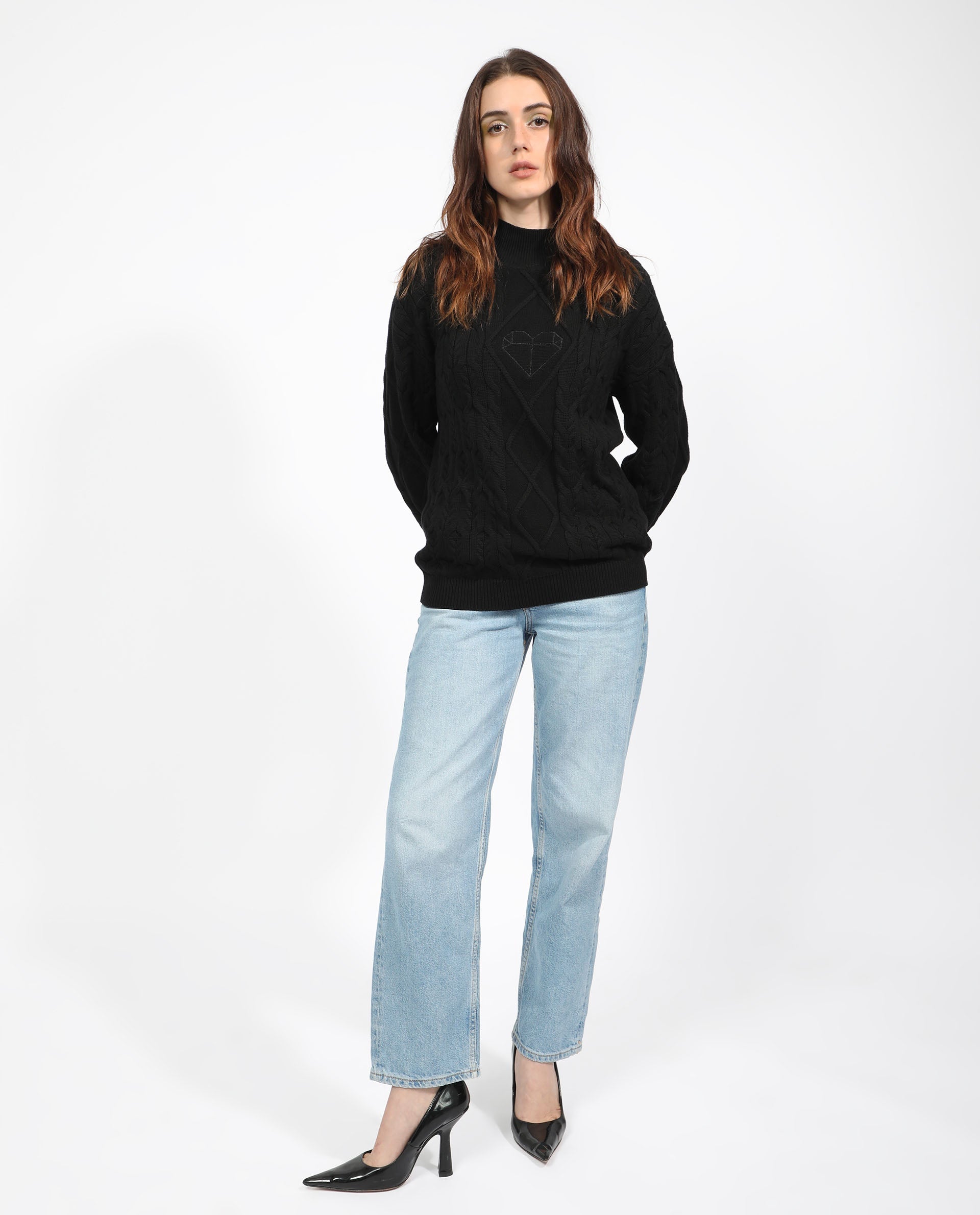 Rareism Women Allen Black Cotton Fabric Full Sleeves Regular Fit Solid Turtle Neck Sweater