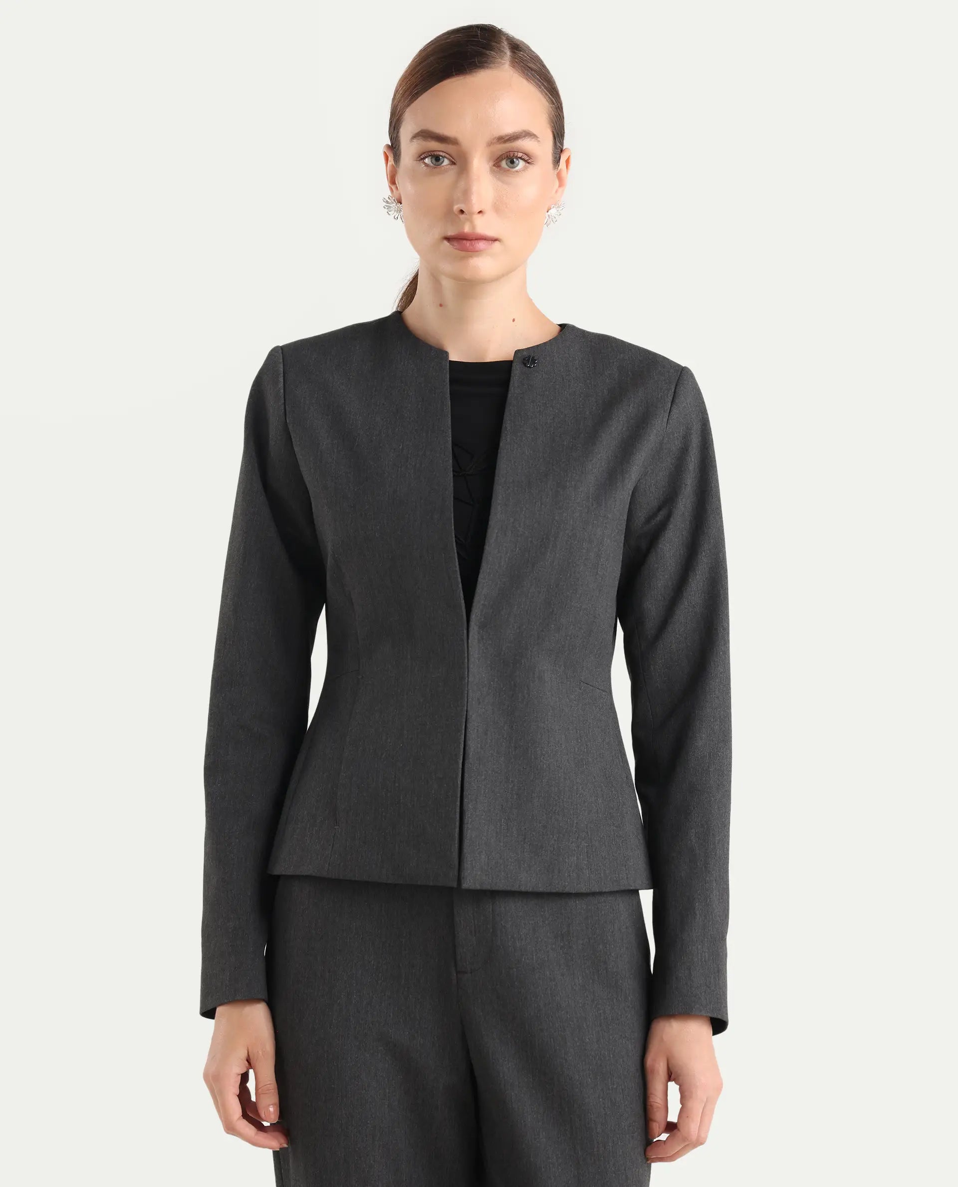 Rareism Women's Allenso Grey Polyester Blend Full Sleeve Plain Blazer