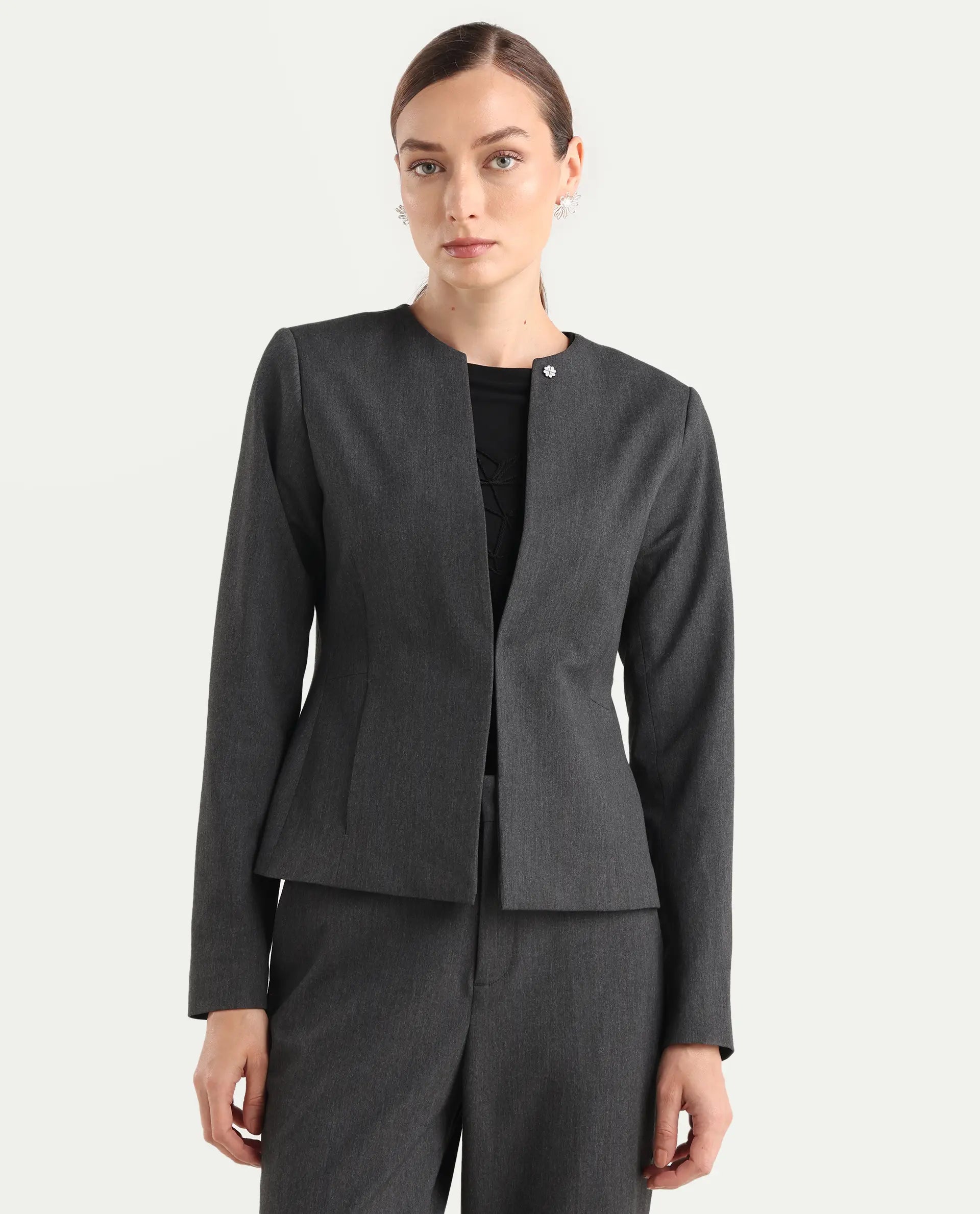 Rareism Women's Allenso Grey Polyester Blend Full Sleeve Plain Blazer